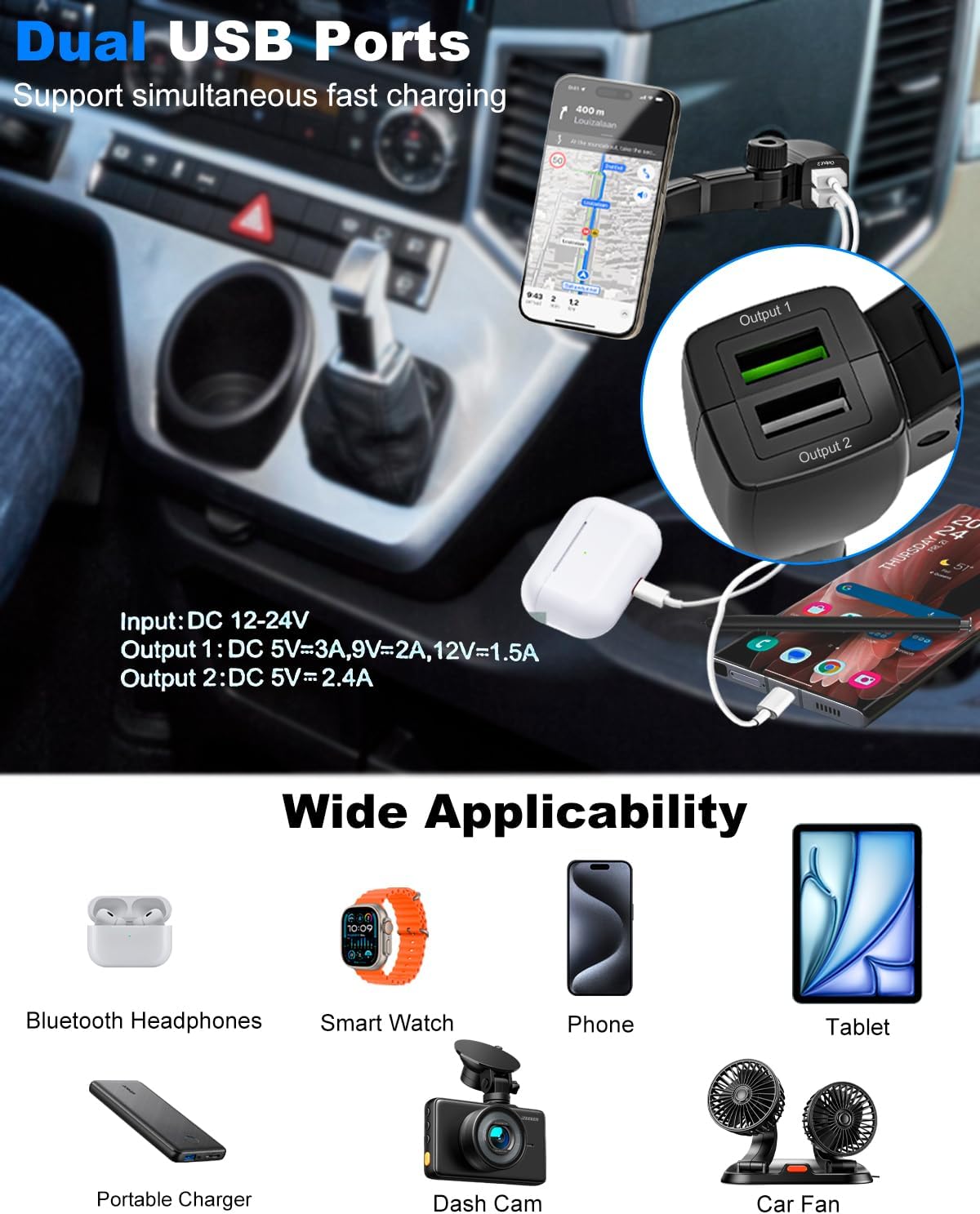 Magnetic Phone Holder for Car Cigarette Lighter [Dual USB Fast Charging] Cigarette Lighter Socket Phone Mount Charger with Adjustable Arm, for iPhone 16 15 14 MagSafe Car Mount