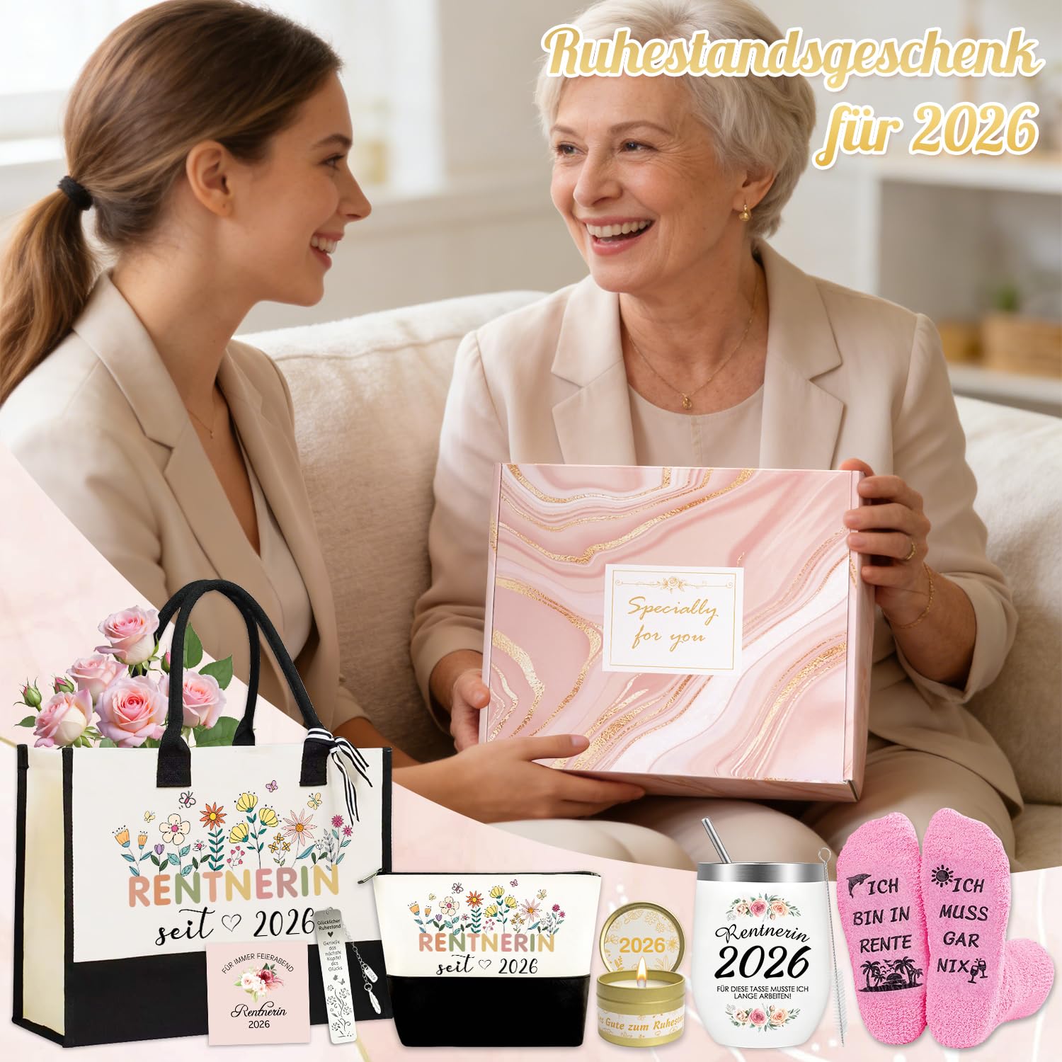 Renteneintritt Geschenk Frau, Ruhestand Geschenk Frauen 8 Stück Set mit Weinbecher aus Edelstahl, Lustige Socken, Jutetasche, Geschenkideen zum Renteneintritt 2026 für Rentne Frau, Lehrerin, Kollegin