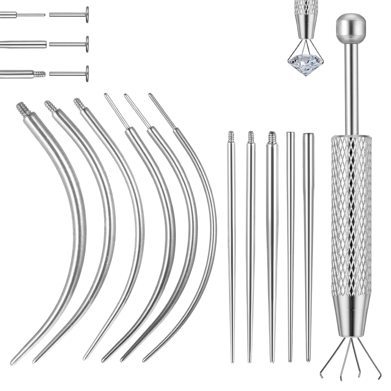 Zestaw 12 igieł do piercingu i pęsety kulkowe 14G, 16G, 18G, 20G, 20 G, zaciski do piercingu bez gwintu wewnętrznego i zewnętrznego