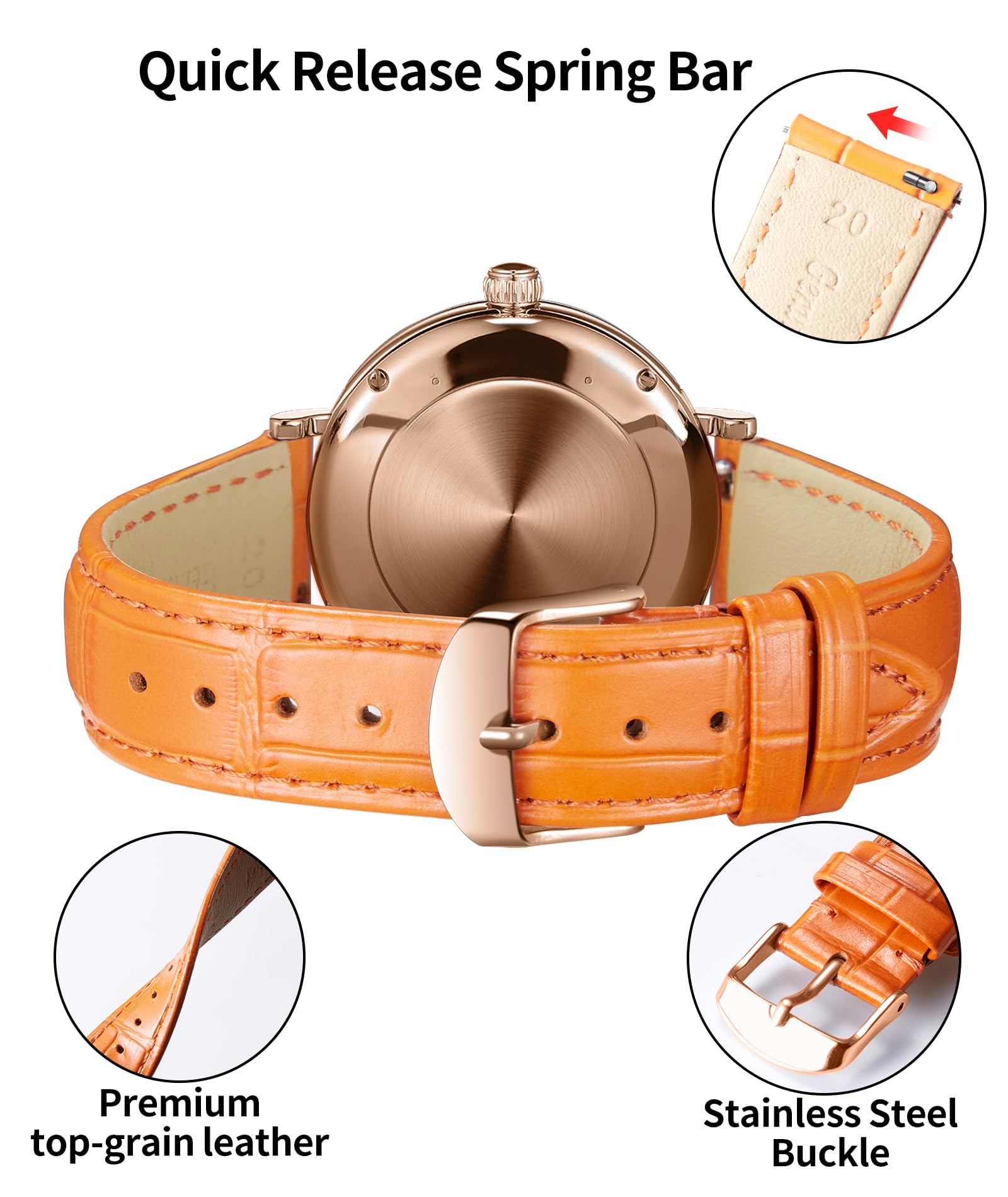 BINLUN Quick Release Leather Watch Straps Replacement Watch Bands Smart Watch Strap Crocodile Pattern in 10 Colors 13 Sizes with Silver/Gold/Rose-Gold Buckle for Men Women(10mm-24mm) — view 35