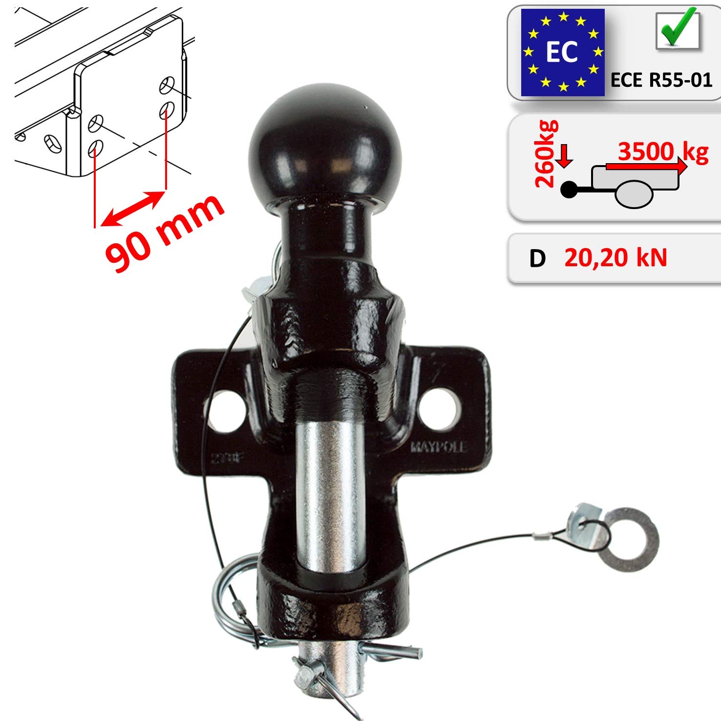 Testa a sfera per traino, gancio di traino con sfera AHK, doppia versione forata, 90 mm