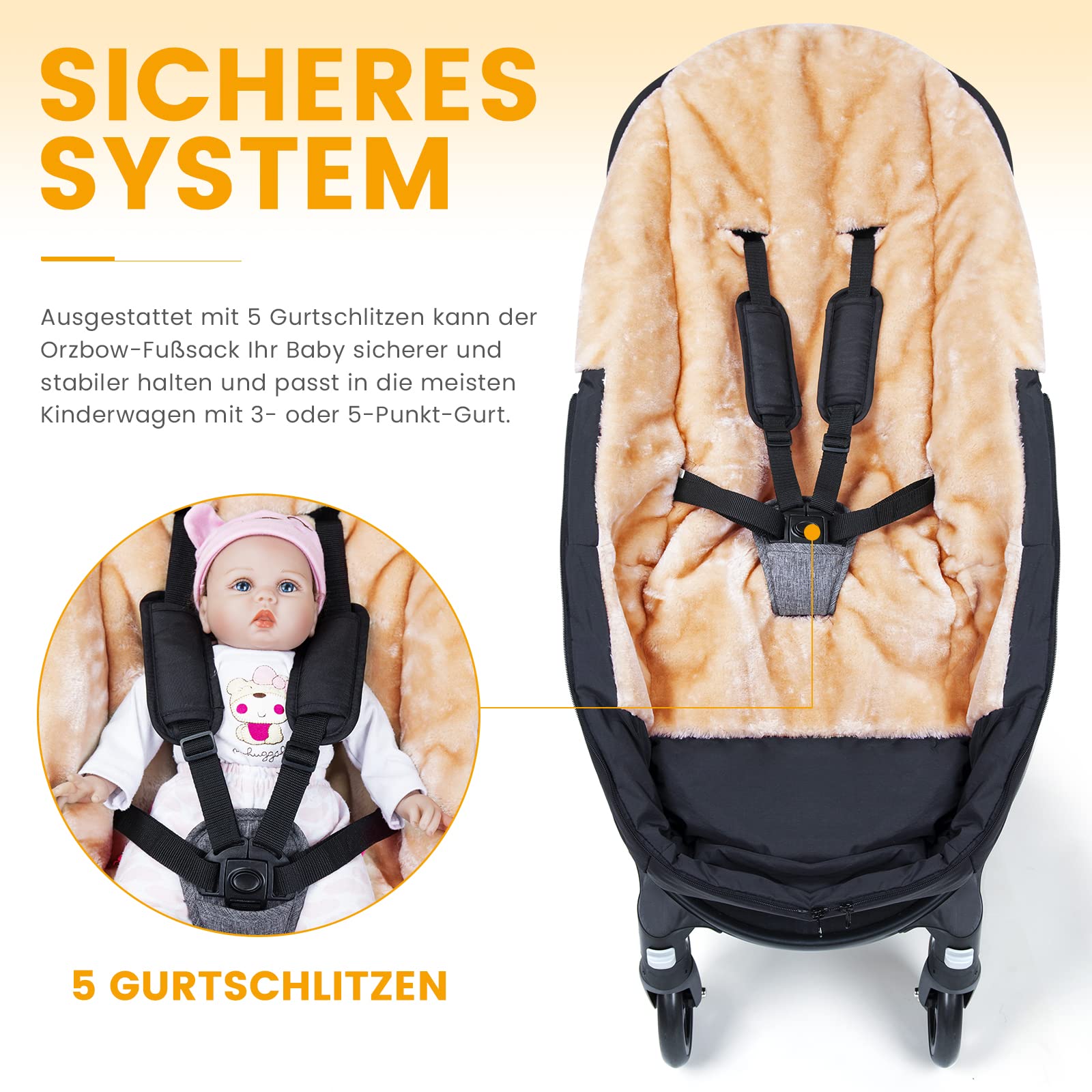 Orzbow Fußsack Buggy, Künstliches Lammfell Kinderwagen Winter, Reißverschluss, Abnehmbar, Wasserdicht, Maschinenwaschbar, Schwarz