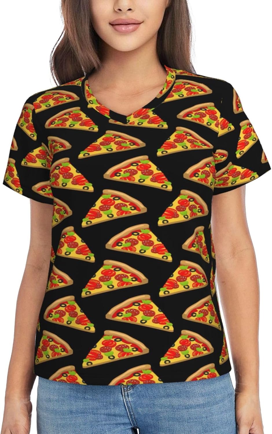 Womens Tasty Pizza Print Short Sleeve V Neck T-Shirts Casual Breathable Tee Basic Summer Tops 2026