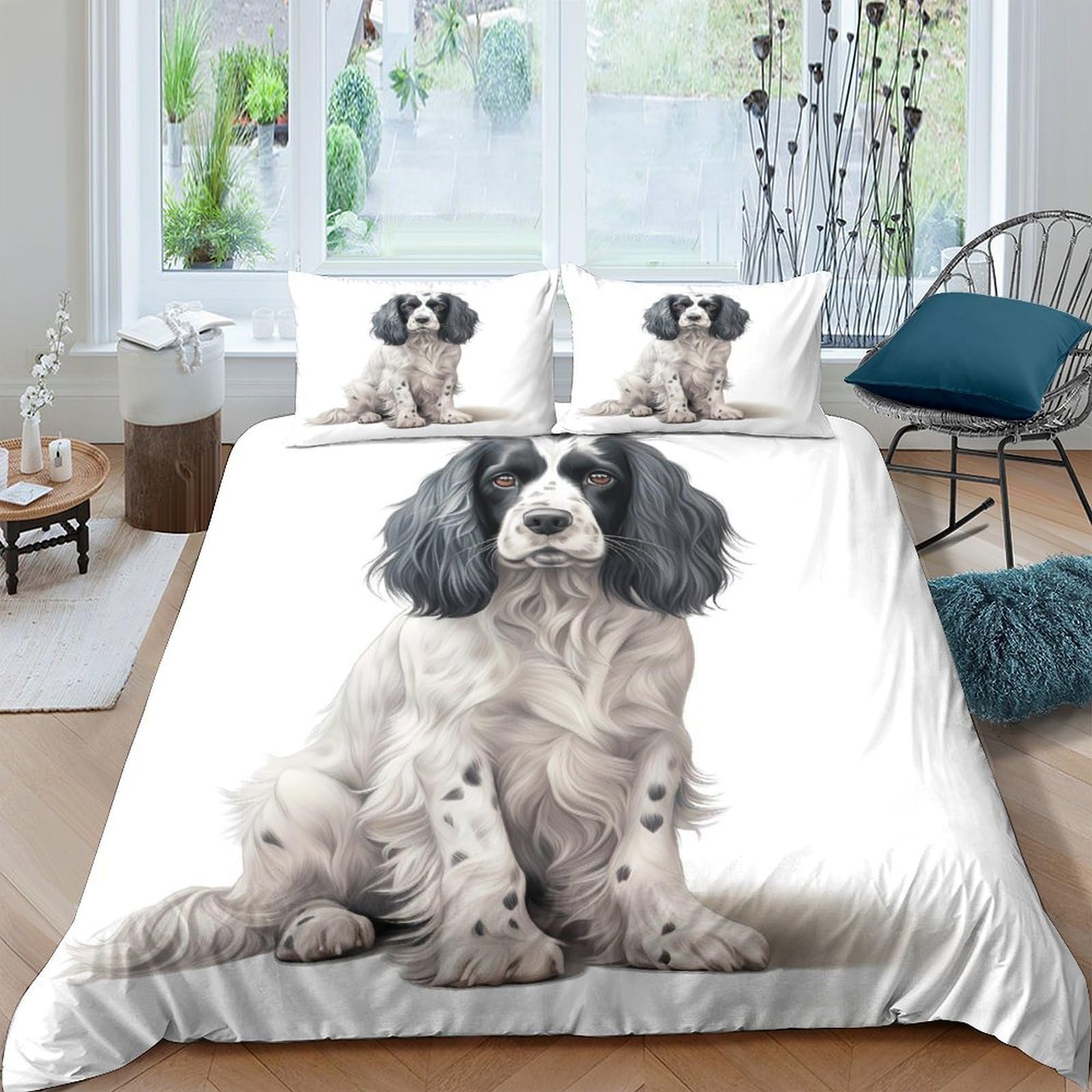 Ctjqhvkz Style-9 3D Printed Black White Spaniel Dog Fitted Sheet Microfiber Soft Breathable Cartoon Puppy Bed Cover For Bedroom Dorm Mattress Protection Decor Single（135X200cm）