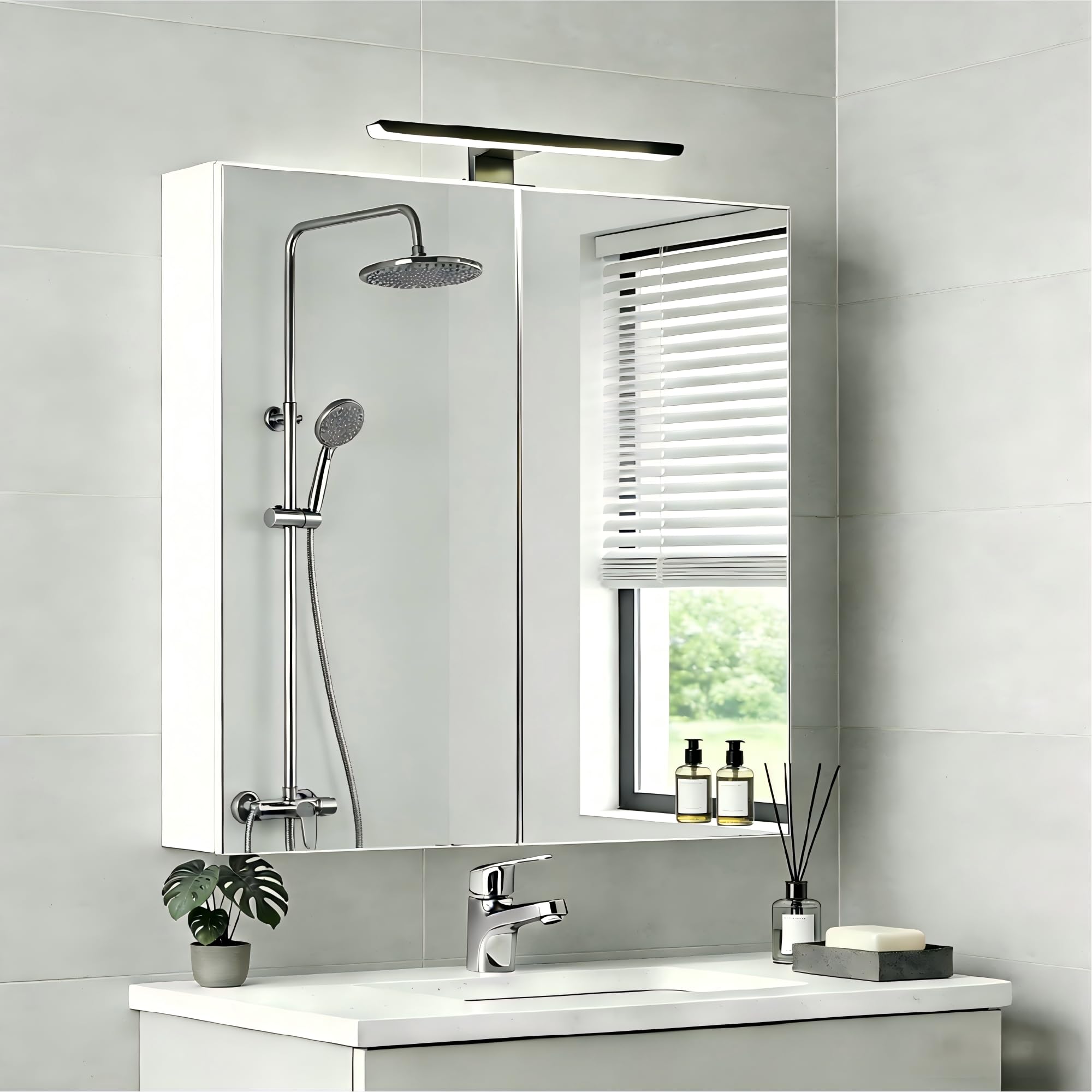 Mueble de Baño con Iluminación LED，Armario de Baño con Espejo, MDF, 60 x 16,5 x 70 CM, Estantes Ajustables, para Baño y Aseo, Blanco