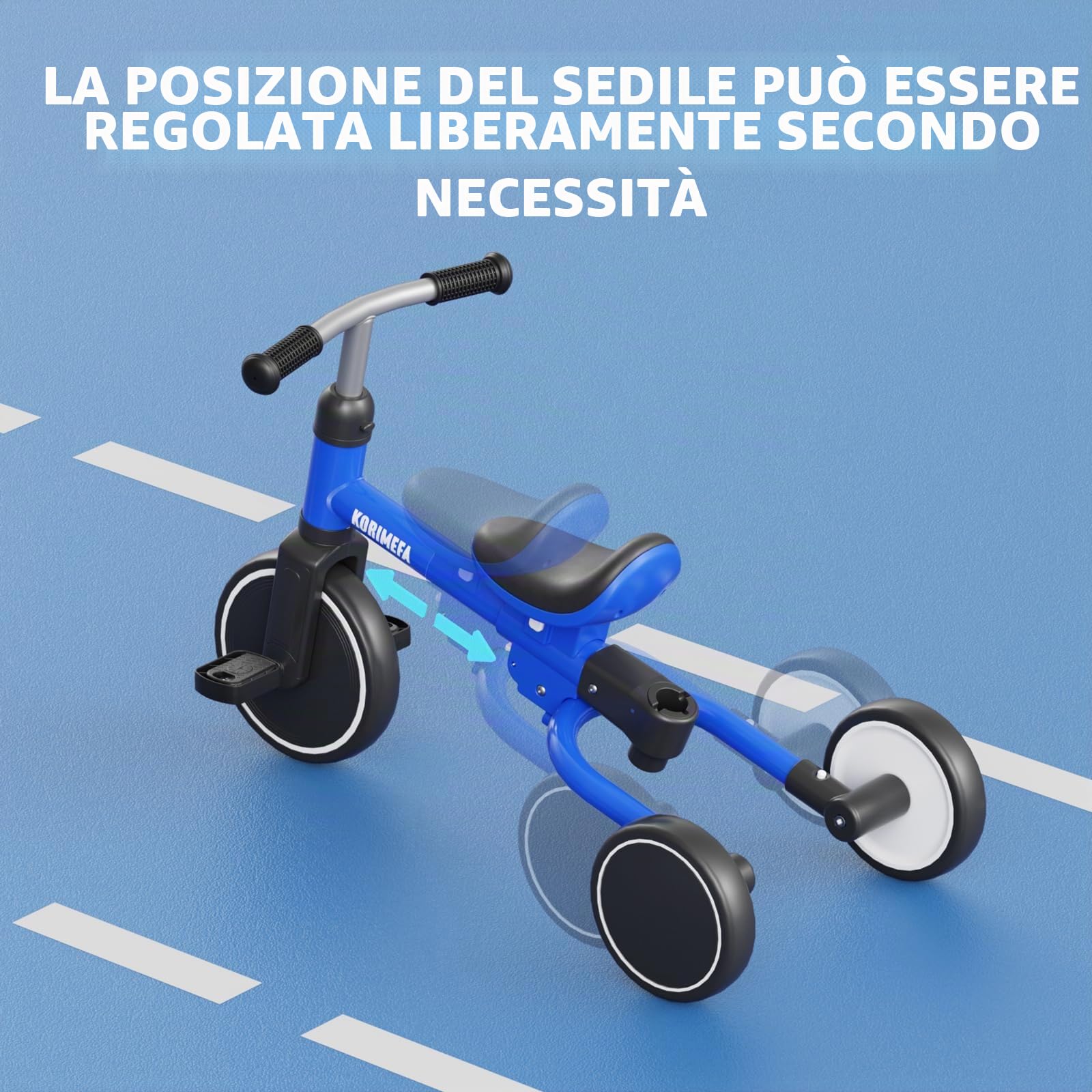 KORIMEFA Triciclo Bambini 1 anno con barra di spinta, triciclo per bambini 5 in 1 da 1 a 3 anni, sedile regolabile, pedali rimovibili, Bicicletta per Bimba e Bimbo (blu)