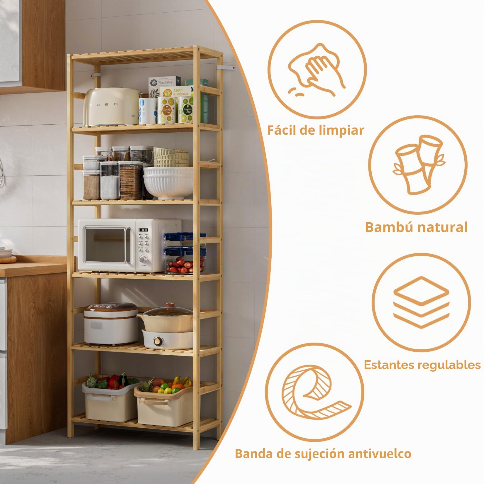 unho Estantería de Almacenamiento de Bambú con 6 Niveles: 60x26x161cm Unidad de Almacenamiento con Estantes Regulables en Altura Estante Vertical para Dormitorio Cocina Oficina Estudio