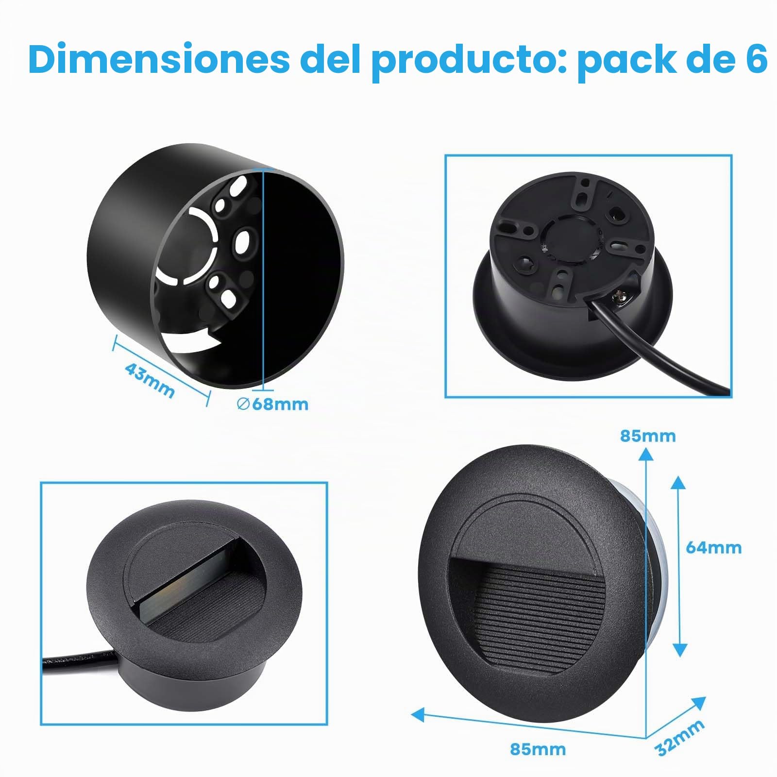 Iluminación de Escalera 5W 500lm 6-Pack, Lámparas LED 230V 3000K, IP65 Luz de Pared Empotrada 85x85mm