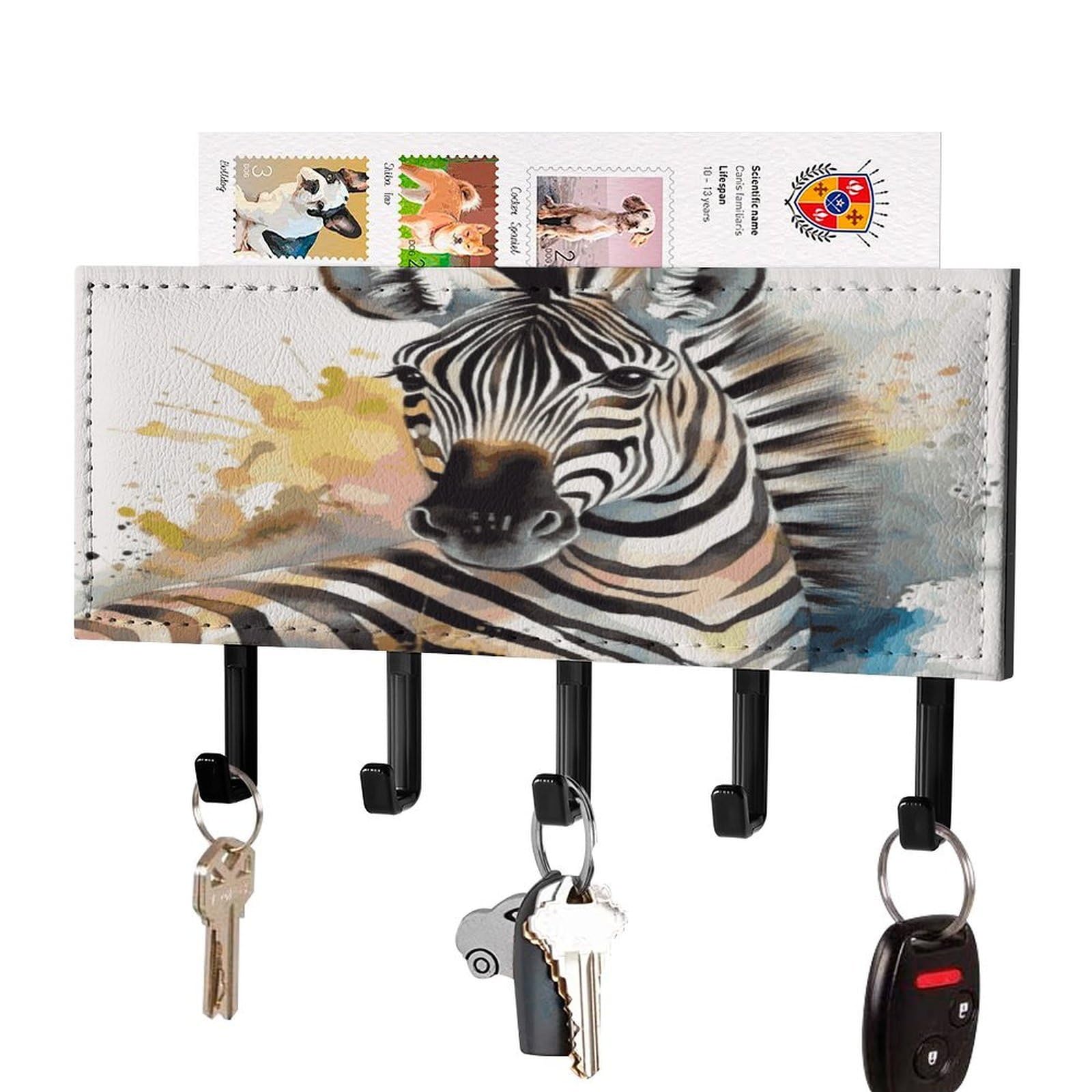 FekiLoot Cute Zebra Watercolor Key Holder Wall Mount Key and Mail Holder Key Hanger with 5 Hooks Decorative PU Key Rack Hanging Key Hooks for Wall Living Room Kitchen Bathroom Hallway Black-Style