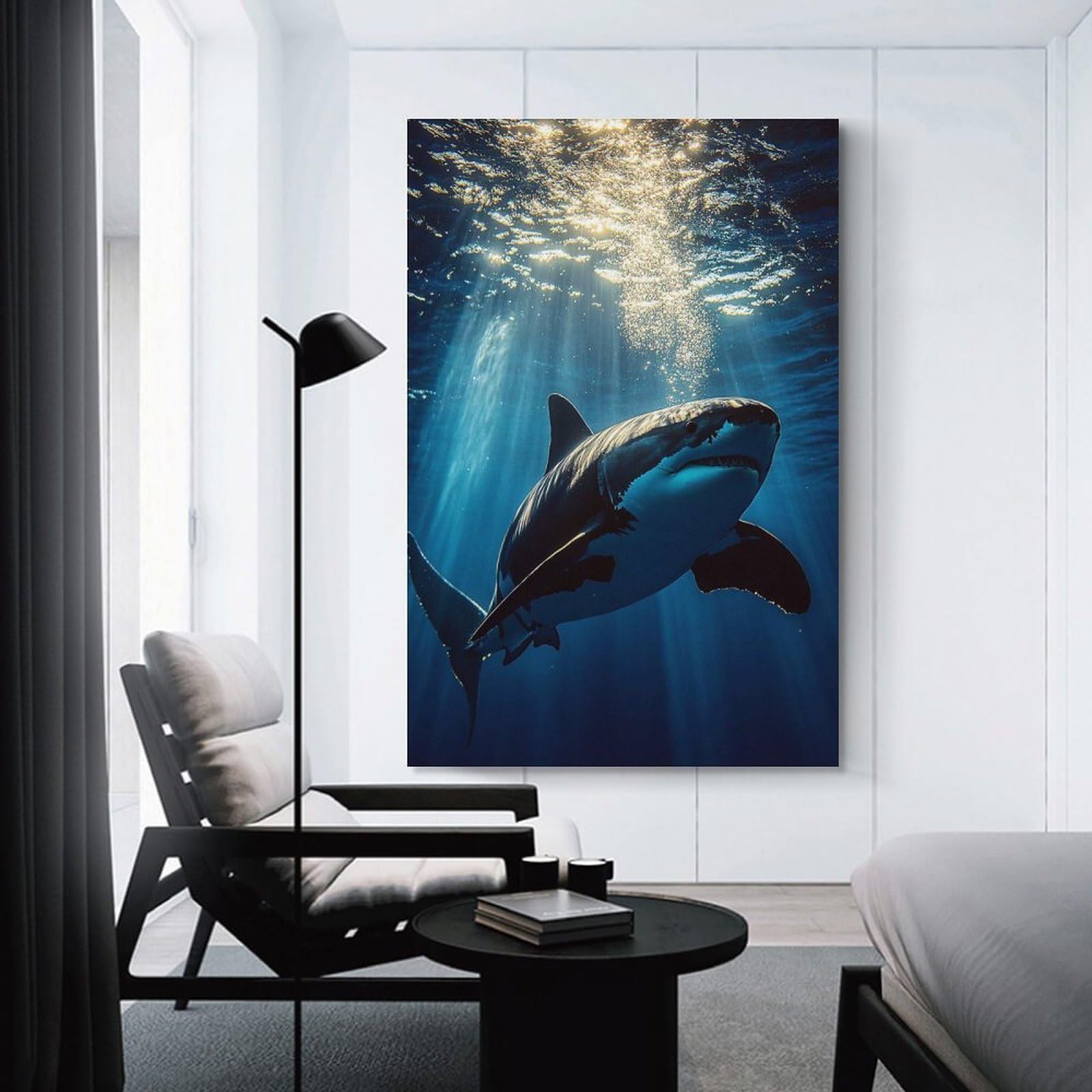 Junmoney Great White Shark Underwater Sunlight Wall Art Print, 24x36inch(60x90cm), for Bedroom Decor, Cosy Corners Or Studios, Decorative Wall Art for Cosy Rooms