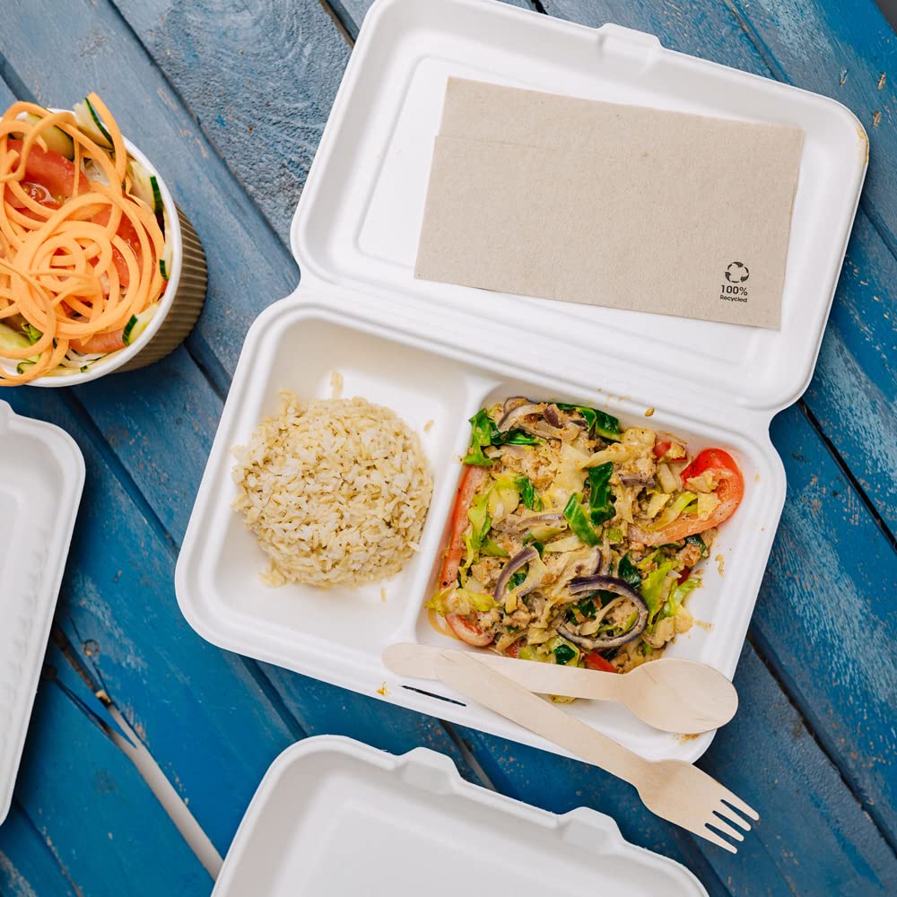 BIOZOYG Cuenco orgánico desechable biodegradable de bagazo de caña de azúca r650ml I Caja almuerzo 2 divisiones con tapa I 500 cuencos rectangular para menú 25 x 16,5cm blanco
