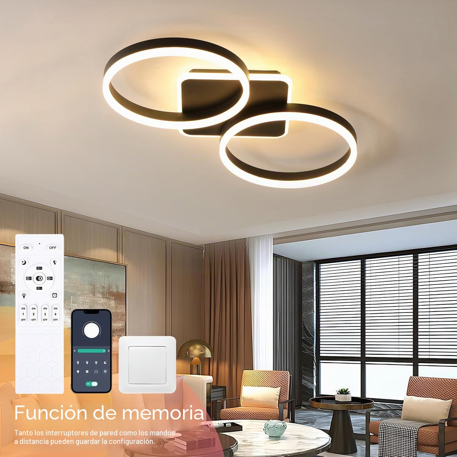 Lámpara de Techo LED Regulable Sala de Estar Negro 42W 65cm | Dormitorio Lampara Techo con Función de Memoria, Diseño Moderno de 2 Anillos Iluminación de Techo con APP de Control Remoto