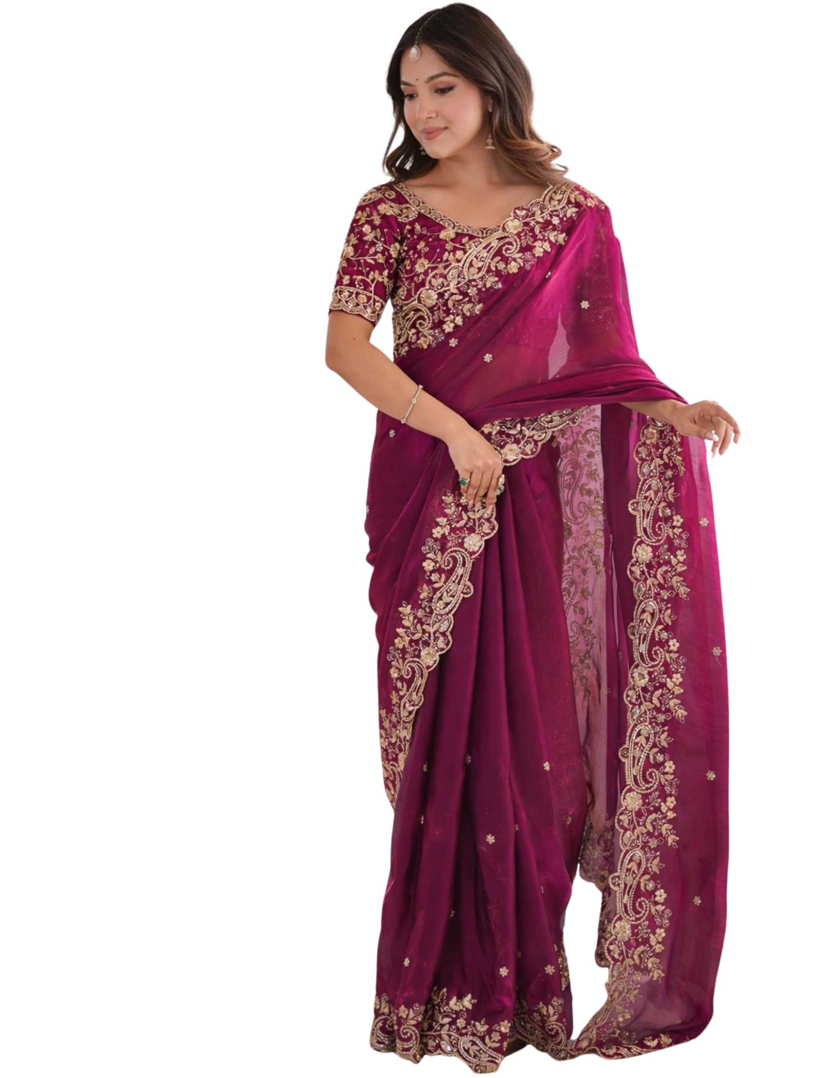 orhans Women's Satin Ethnic Motifs Embroidered Satin Heavy Work Saree with Embroidered Stitched blouse | Beautiful Saree for Women | Traditional Indian Sari-picture-24