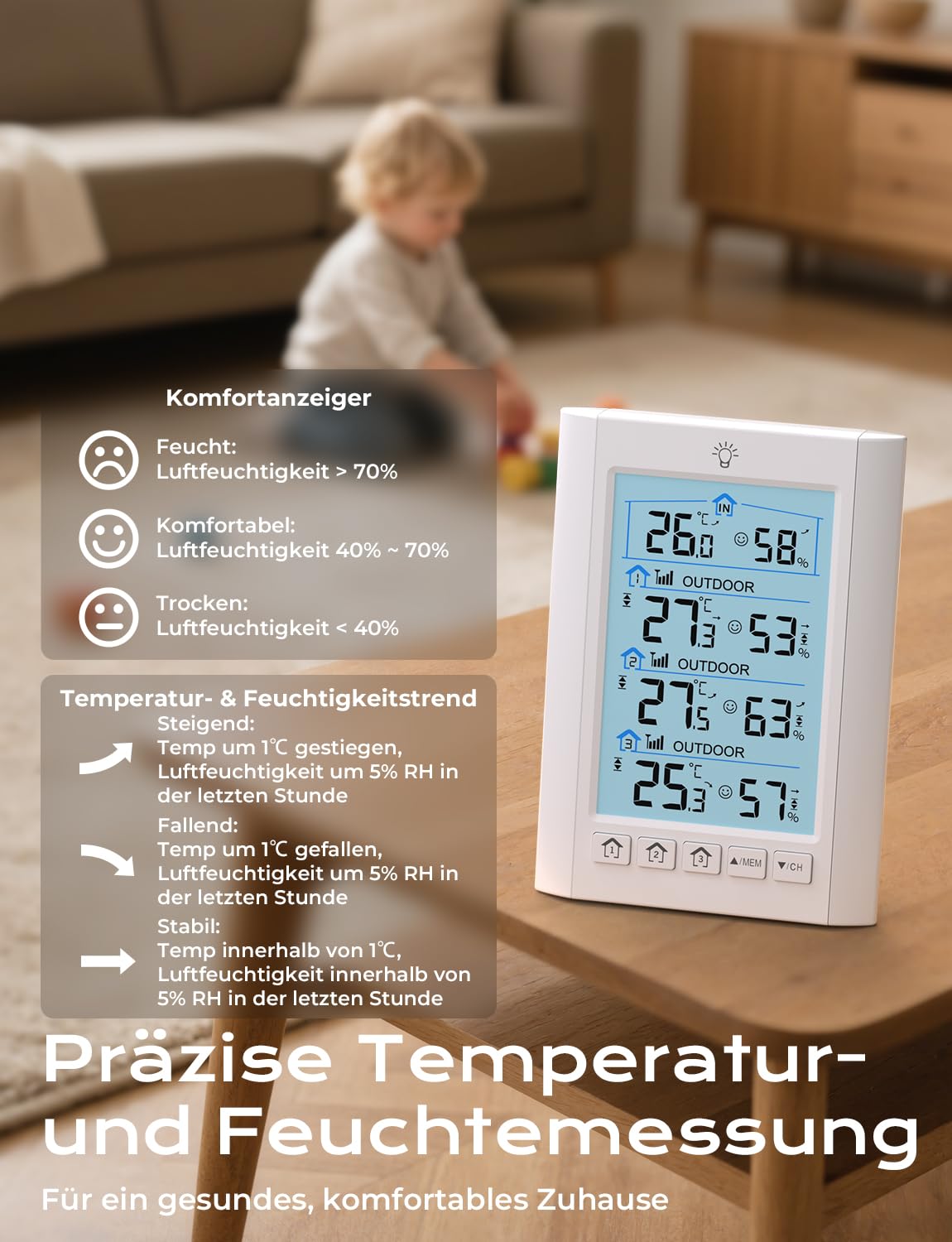 LIORQUE Funk Wetterstation mit 3 Außensensoren Digitales Thermometer Hygrometer Innen Funkwetterstation mit 100 m Reichweitensensor Thermo-Hygrometer für Gewächshaus Weinkeller
