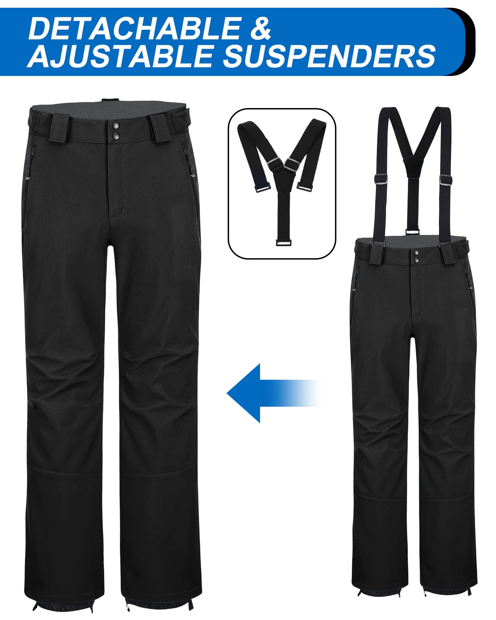 33,000ft Mens Snow Bibs Ski Pants Waterproof Insulated Snow Pants, Windproof Winter Snowboard Bib Overalls Black