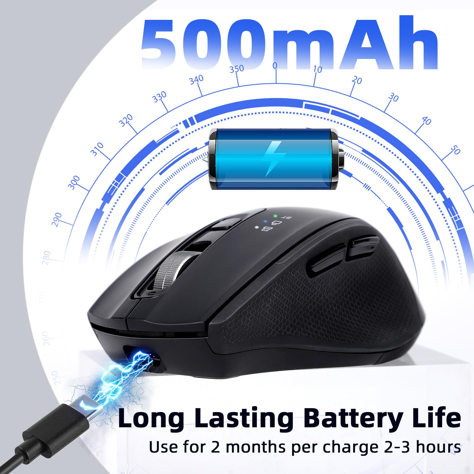Kabellose Maus mit USB-A, USB-C-Empfänger, Wiederaufladbare Bluetooth-Maus, 4 Stufen Einstellbare DPI, Ergonomische Leise Maus für Laptop/Computer/PC/Windows-Schwarz
