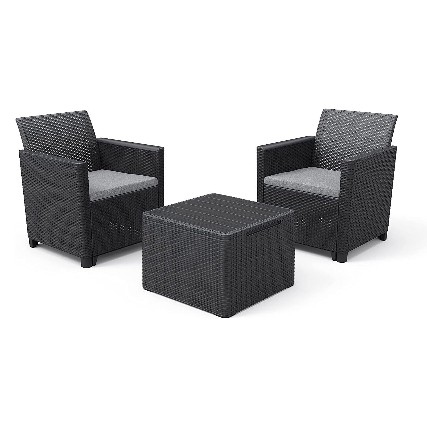 Keter - Set Claire Adatto per Il Balcone e terrazzo composta da 2 poltrone con Cuscini Inclusi e Tavolo Contenitore con Effetto Legno, Set Realizzato in Resina, Colore Grafite