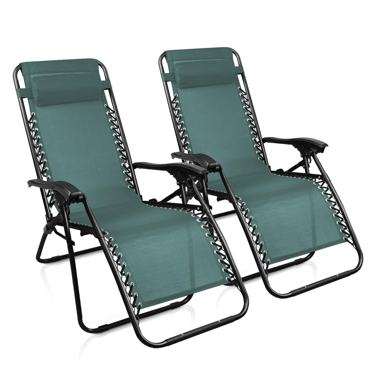 Todeco - Chaise Longue Inclinable, Transat en Textilène de Jardin - Charge maximale: 100 kg - Matériau: Acier - 165 x 112 x 65 cm, Vert, Textilène, Pack de 2, Avec coussin