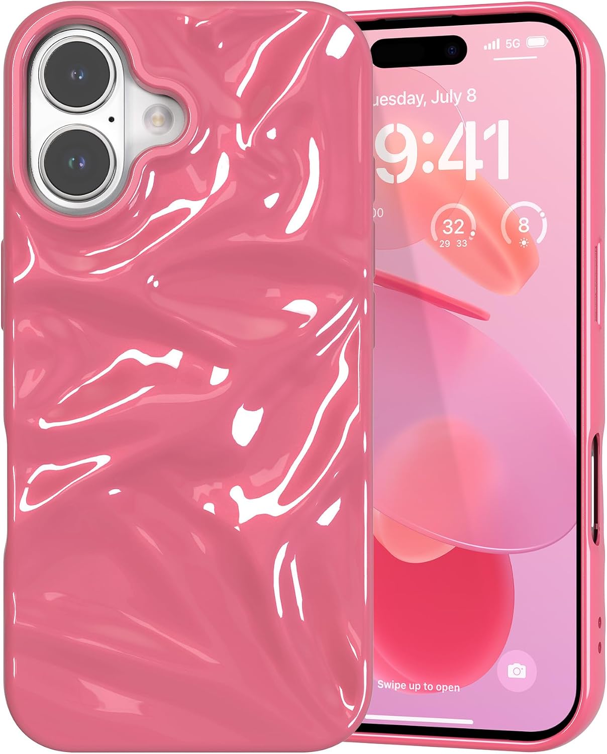 ZCDAYE Glossy Water Ripple Case for iPhone 16 Plus, Cream Pink