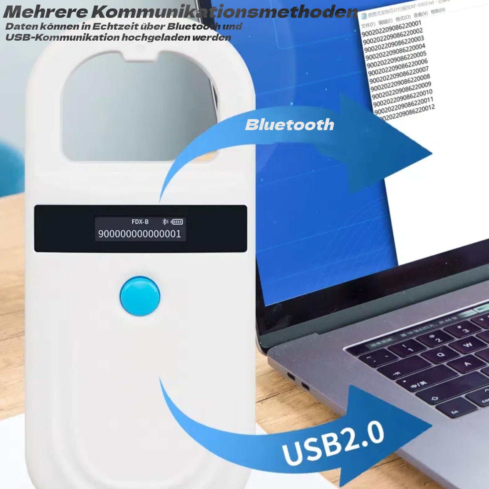 Akozon Scanner de Puces pour Animaux de Compagnie, Lecteur de Reconnaissance d'affichage Haute luminosité, Lecteur 3,7 V, pour Chiens, Chevaux, Chats, Cochons, étiquettes