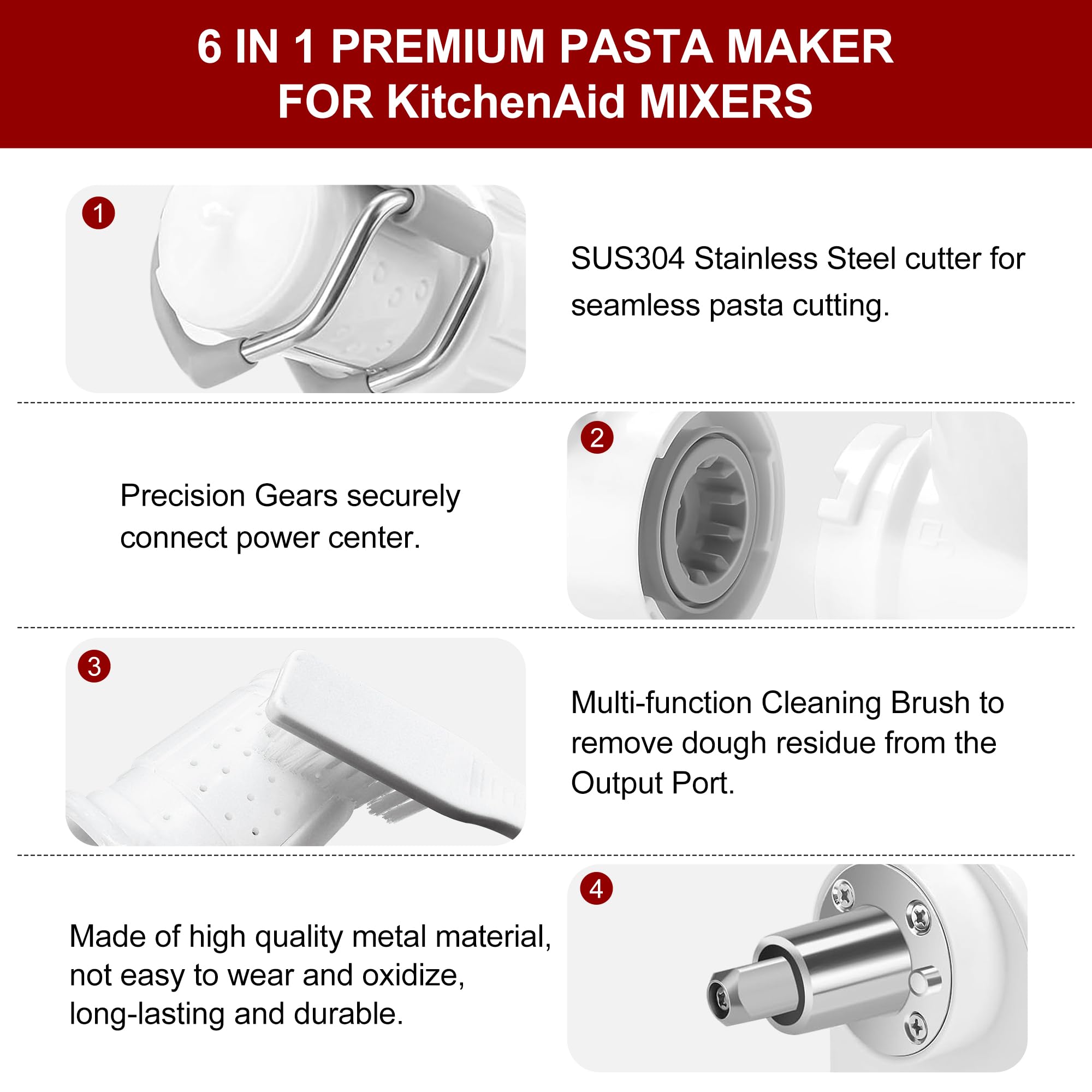 6 IN 1 Gourmet Pasta Aufsatz für KitchenAid Standmixer, Extruder Pasta Maker Aufsatz mit 6 verschiedenen Formen Auslass für KitchenAid Standmixer, Pasta Press Outlet Kitchenaid Mixer Zubehör