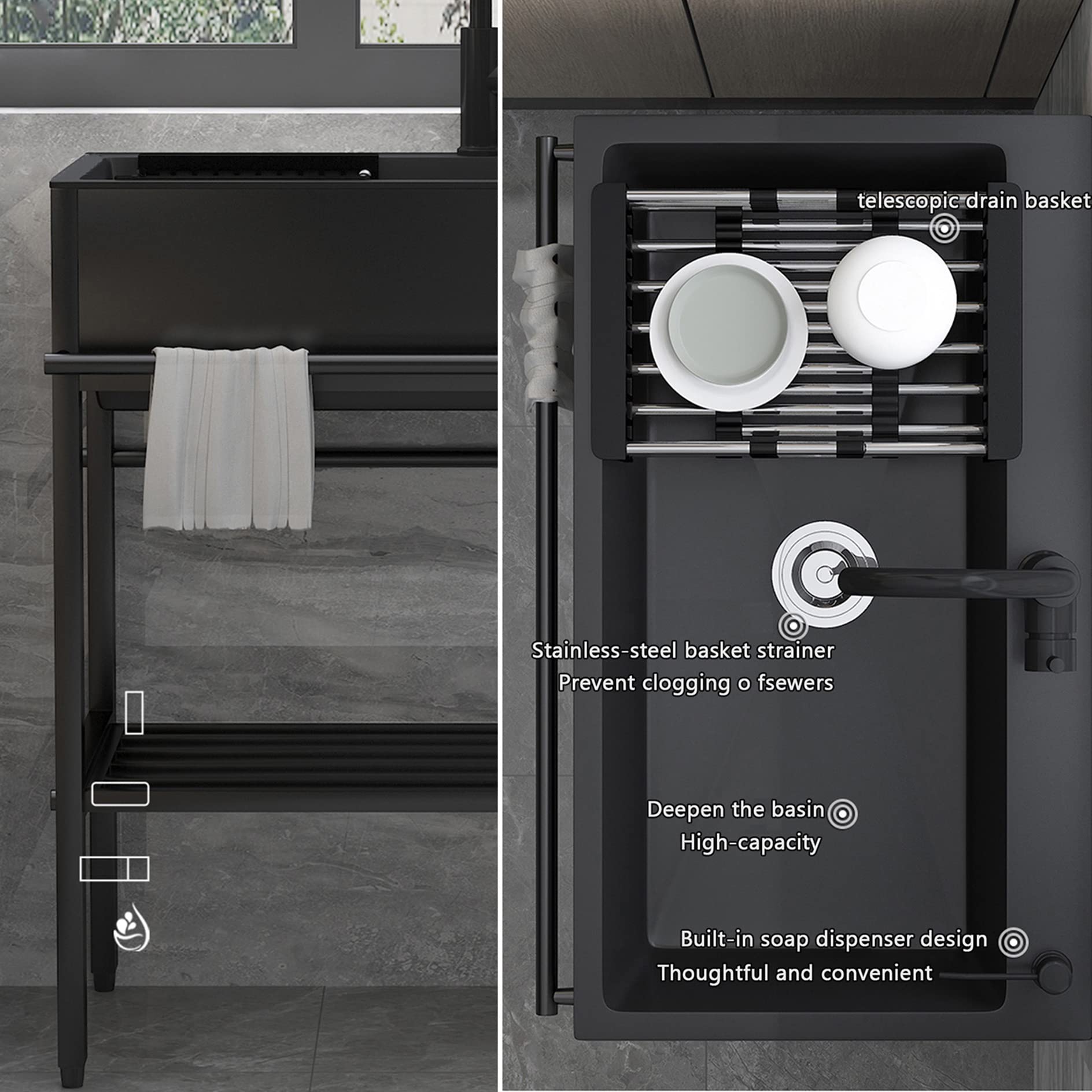 Lavello Cucina 1 Vasca,Mobile Lavabo Esterno Acciaio Inox 304,con Rubinetto E Cestello Allungabile,Distributore Di Sapone,Lavandino Nero Multifunzione,per Bar Garage Ristorante Lavanderia (Size : 80*