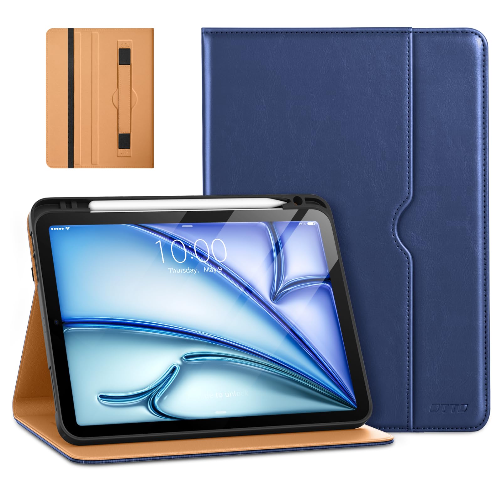 DTTO for iPad Air 11-inch Case M3/M2 (2025/2024), iPad Air 5th / 4th Generation (2022/2020), Premium Leather Business Folio Stand Cover with Pencil Holder - Auto Sleep/Wake, Navy Blue