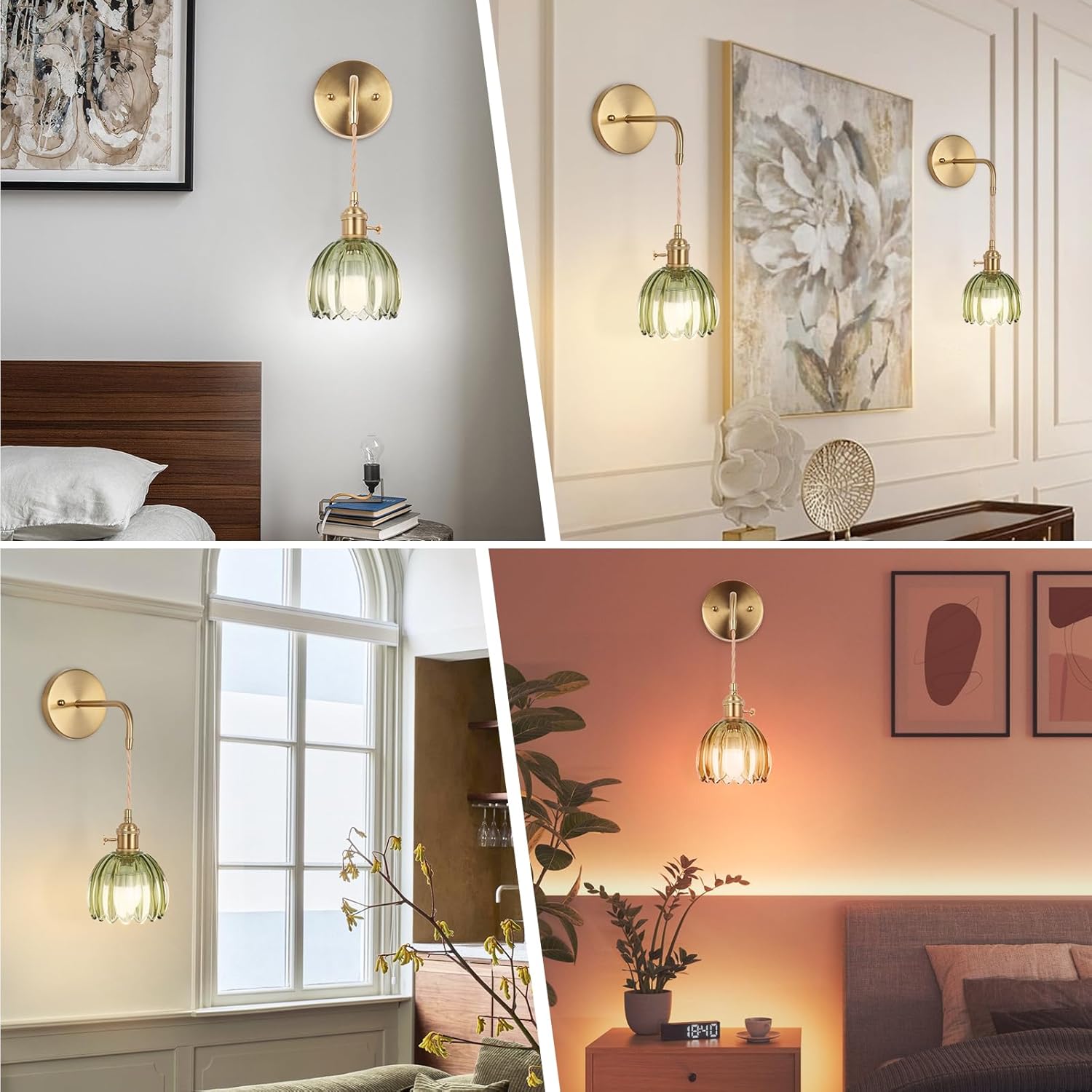 Battery Operated Wall Sconce, Indoor not Hardwired Wall Sconces Deep Green Glass Lampshade with RGB Dimmable, Wall Sconces Set of Two with Remote, Vintage Wall Lamp, for Bedroom Living Room