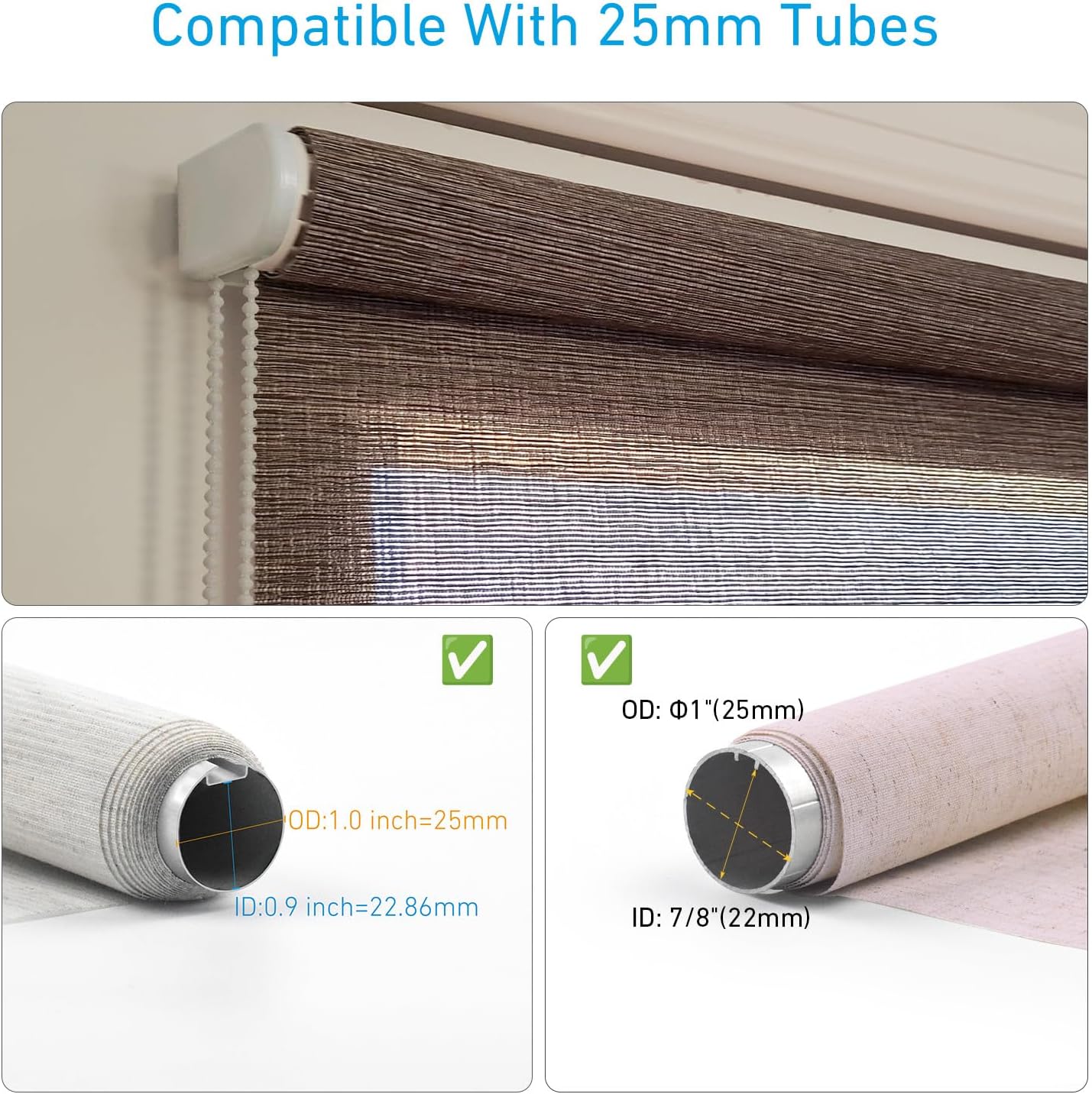HUIYEETEX 25mm Metal Bracket Upgrade Roller Blind Fittings Spare Kit, Window Shade Repiar Kit Complete with Metal Brackets & End Plug, Shade Weight Max Load 6.6 LBS (3 KGS)