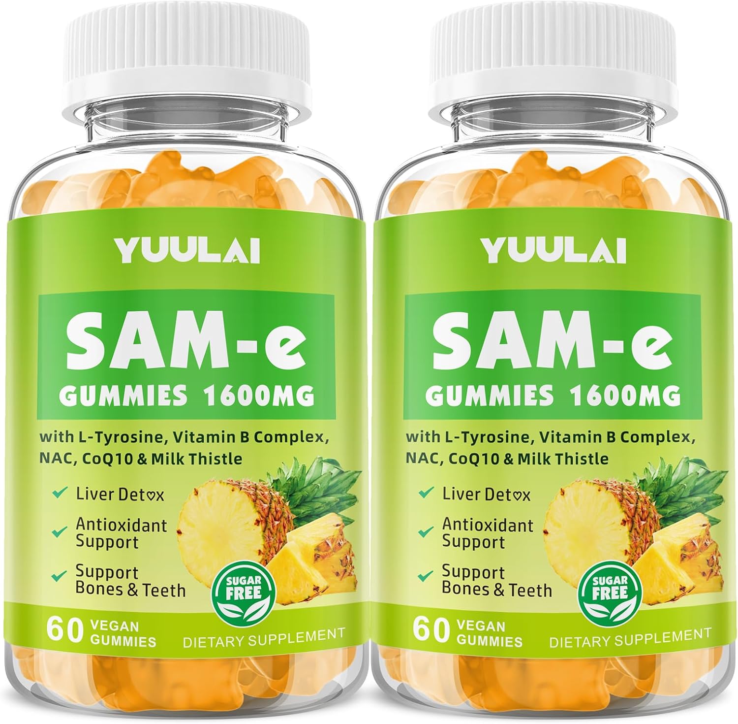 Pack of 2 SAM-e Gummies, Sugar Free 1600mg SAM e Supplement with L-Tyrosine, Vitamin B Complex & NAC, CoQ10, Pineapple Flavor, 120 Count