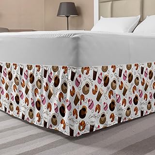 Lunarable Coffee Bed Skirt, Coffee Cups Takeaways and Sweets Cherry Cupcake Croissant American Breakfast Culture, Elastic Bedskirt Dust Ruffle Wrap Around for Bedding Decor, Queen, Multicolor