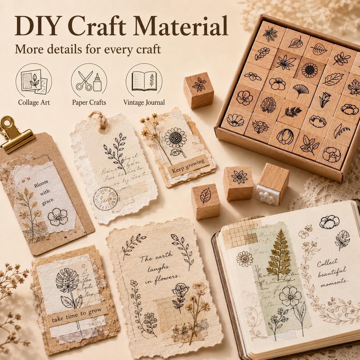 50PCS Mini Rubber Stamps for Crafting, Planner Cute Scrapbooking Supplies | Emoticon & Leaf Designs, Beech Wood Handle, Bulk, 2 Sets, for Junk Journal, Bullet Journal, Notebook, Card Making