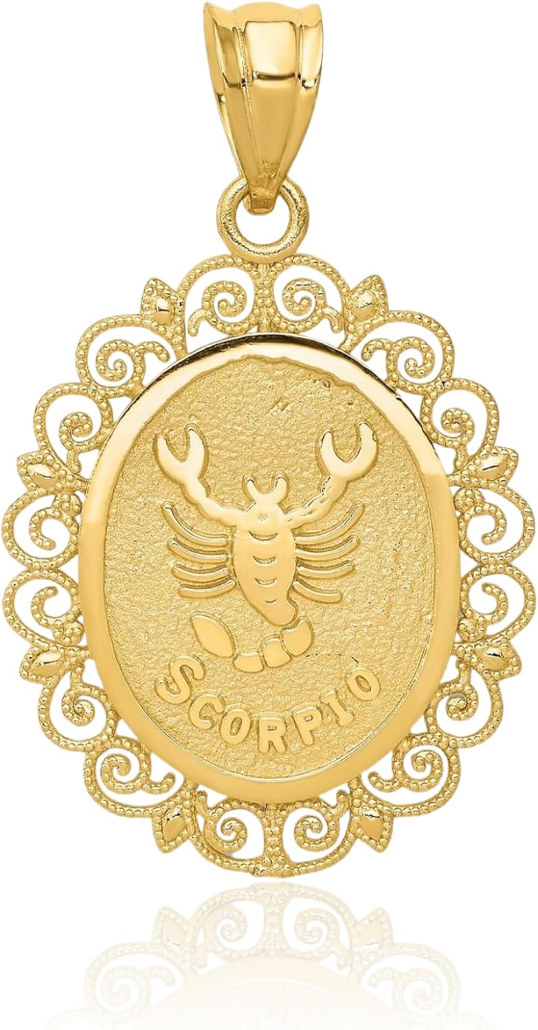IceCarats 14K Solid Yellow Gold Filigree Large Scorpio Zodiac Medal Pendant Necklace 28mm 1.1 inch Polished, Textured For Her For Him