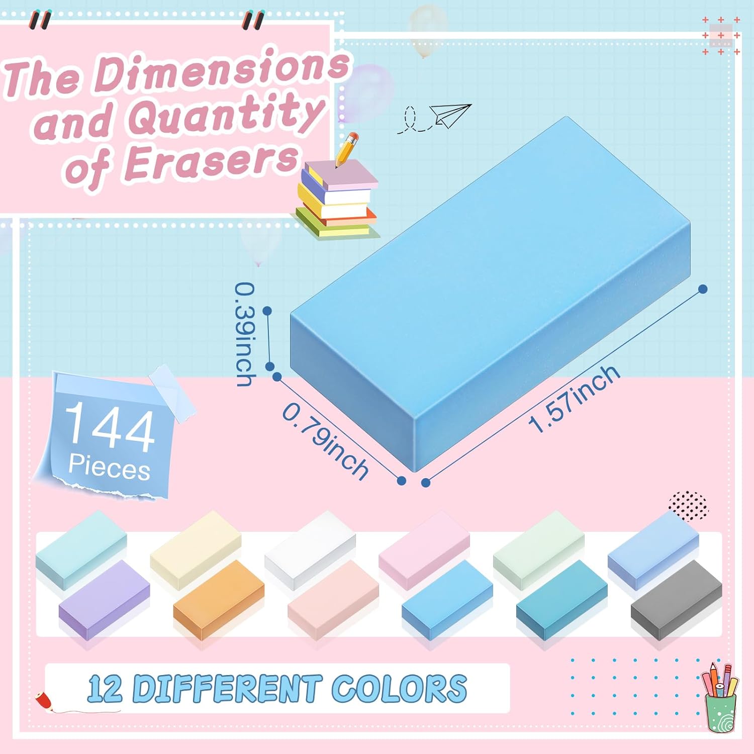 Resurhang 144 Pcs Bulk Erasers for Kids Pencil Erasers School Gifts for Student Pastel Colors Neon Colors Cute Party Favor for Classroom Art Office, Back-to-School Supplies(Stylish Color)