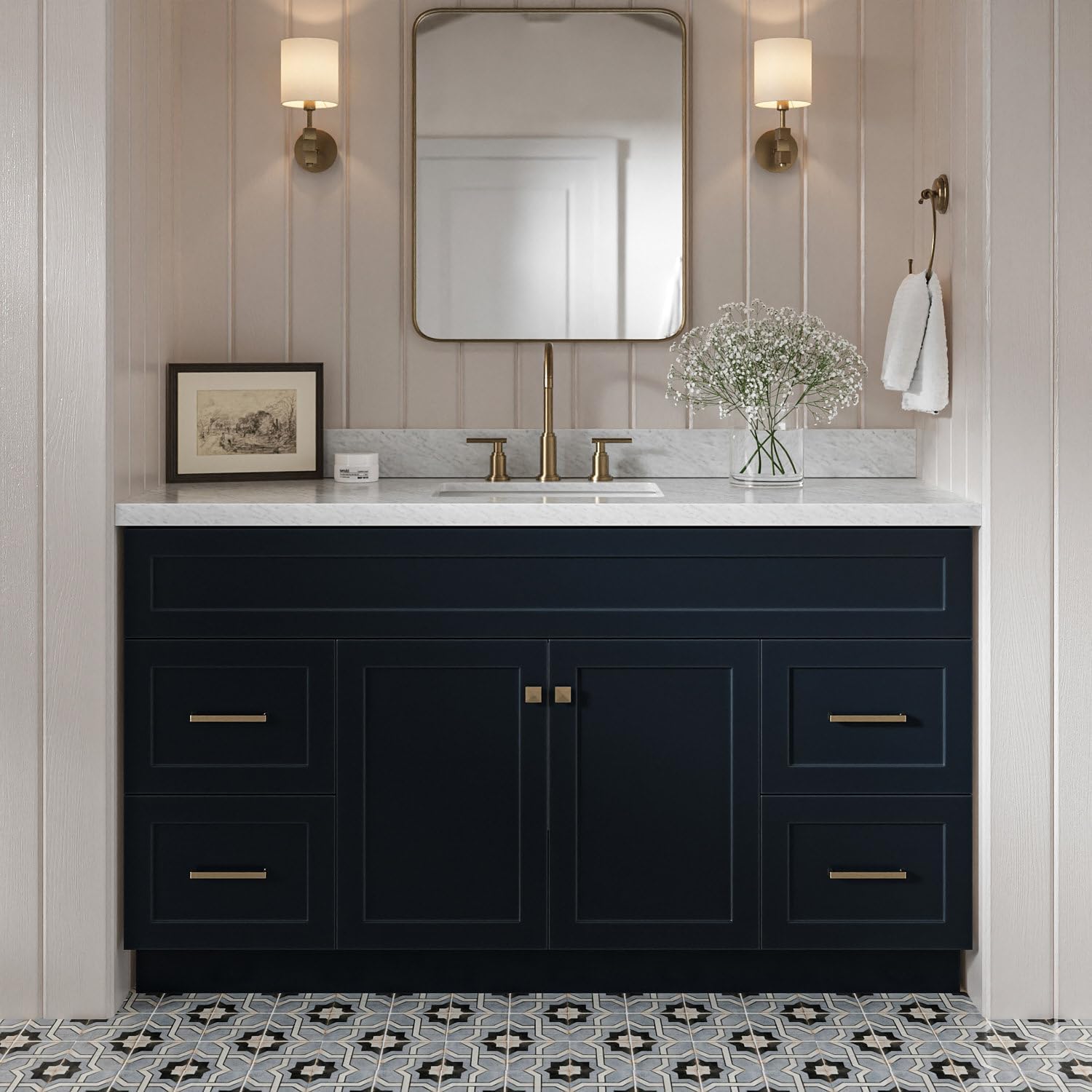 DKB Bradford 60 Inch Bathroom Vanity Single Sink — Midnight Blue Bathroom Vanity with Sink, 1.5" Edge Italian Carrara Marble Countertop, Solid Wood, 2 Soft-Close Doors, 4 Dovetail Drawers