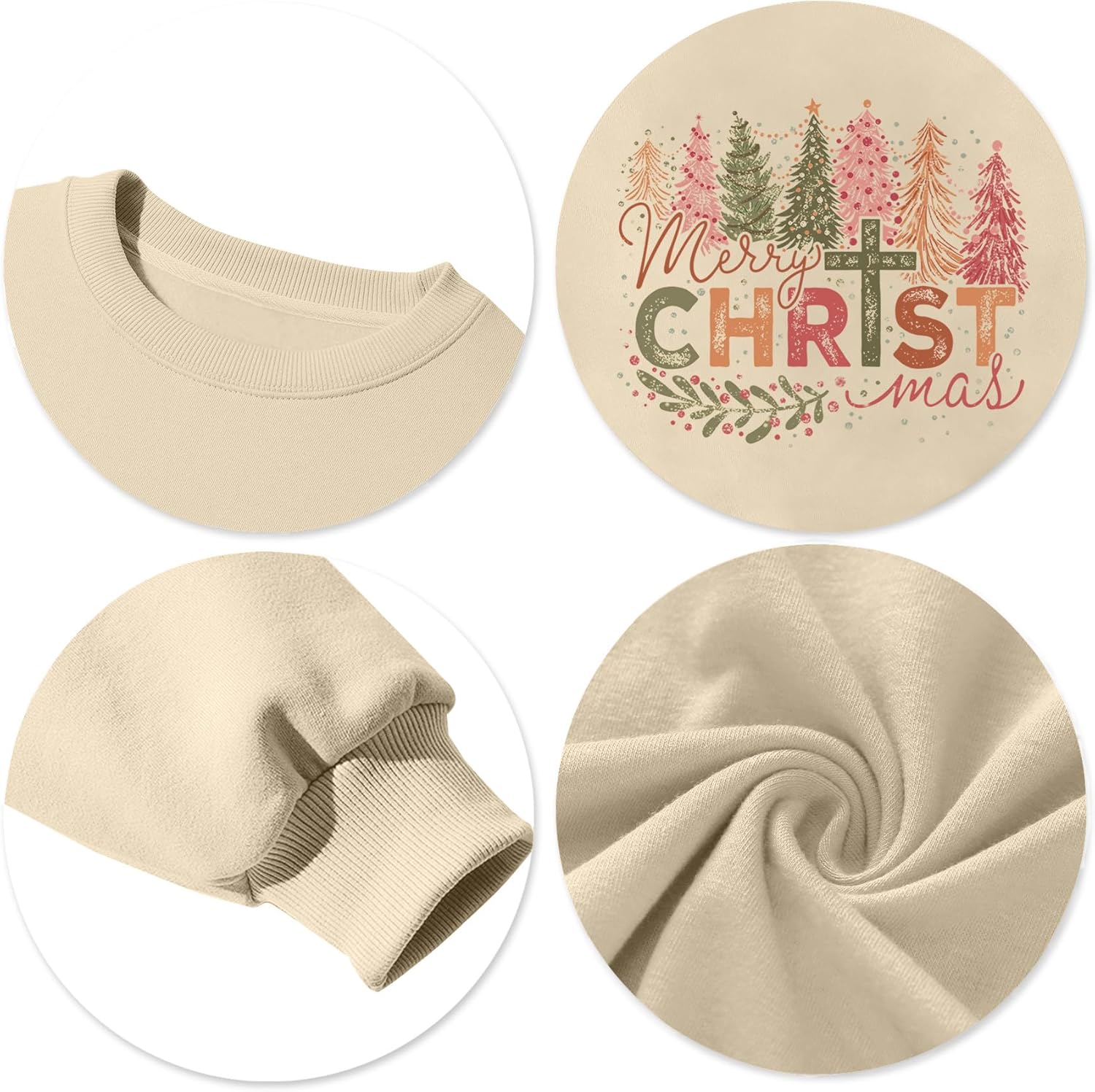 Christmas Sweatshirt for Women Merry Christmas Shirt Xmas Tree Long Sleeve Vacation Pullover Christian Tops Beige - Image 5