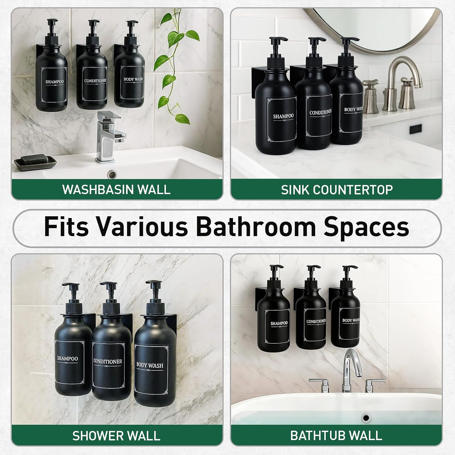 Shampoo and Conditioner Dispenser 3 Chamber Set,Soap Pump Bottles