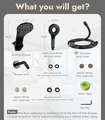 Miniatura 7 de Cabezales de ducha con combo de rociador de mano, cabezal de ducha de lluvia 2 en 1 de alta presión con 9 modos de pulverización, grifo de ducha