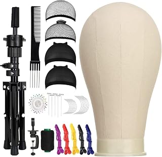 23 Inch Canvas Block Mannequin Head for Wigs Making Display with Wig Caps, T Pins, C Bristle Brush