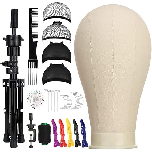 23 Inch Canvas Block Wig Head, Wig Stand Tripod with Head, Mannequin Head for Wigs, Manikin Head Block for Wigs Making Display with Wig Caps, T Pins C Bristle Brush