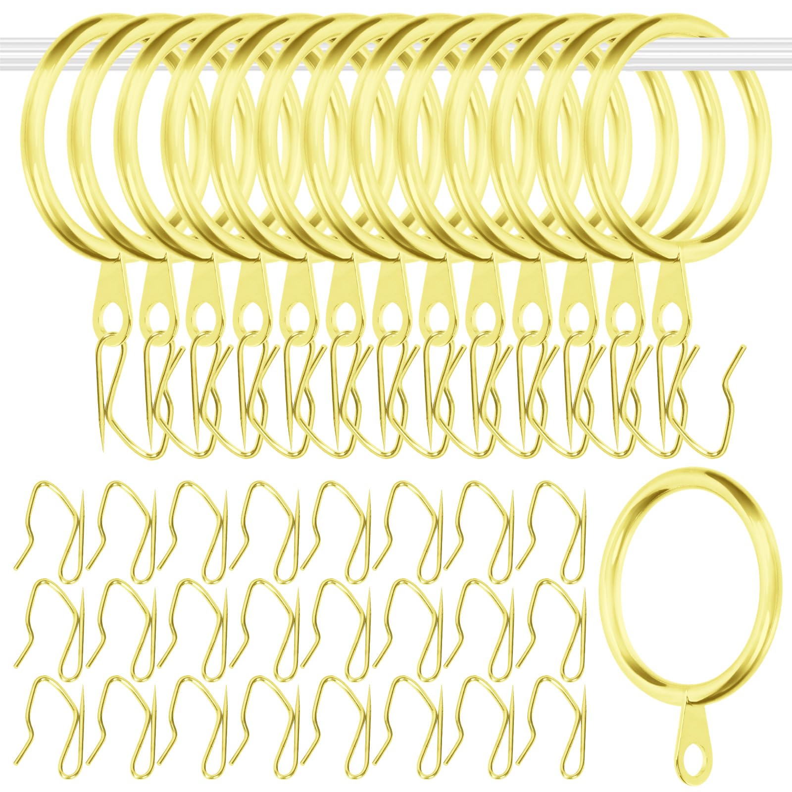 Glarks 30 Sets 42mm/1.7inch Golden Metal Drapery Curtain Hanging Rings Set, includes 30pcs Curtain Rings and 30pcs Drapery Pin Hooks, Drape Sliding Eyelet Rings for Sliding Window Bathroom Door