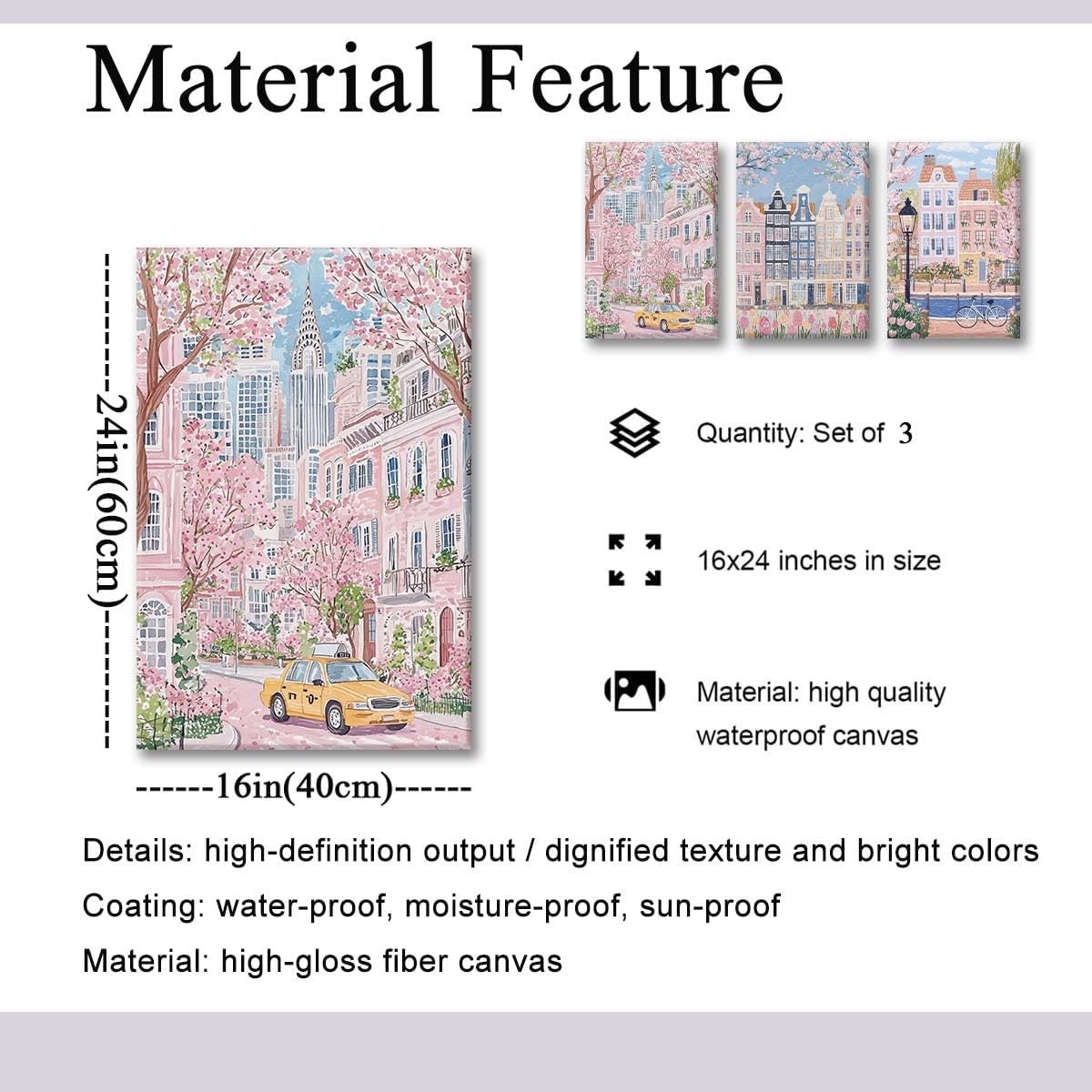 XLARTMY Watercolor City Landscape Travel Wall Art Canvas Framed Pink Cherry Flower Poster Girly Prints Painting Pictures Set of 3 for Bedroom Living Room Office 16x24in