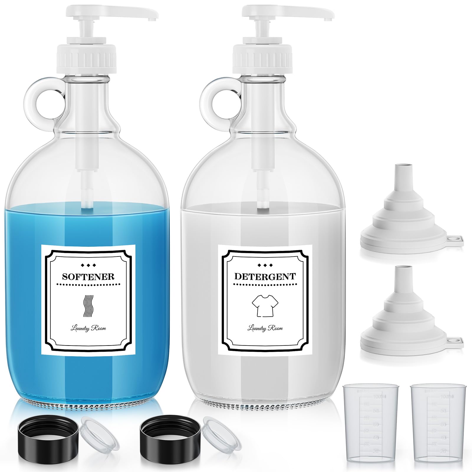 Dispensador de detergente para lavandería, dispensador suavizante de tela de 64 onzas, recipiente de detergente líquido de vidrio, organizador de detergente para lavandería con 4 etiquetas, paquete de