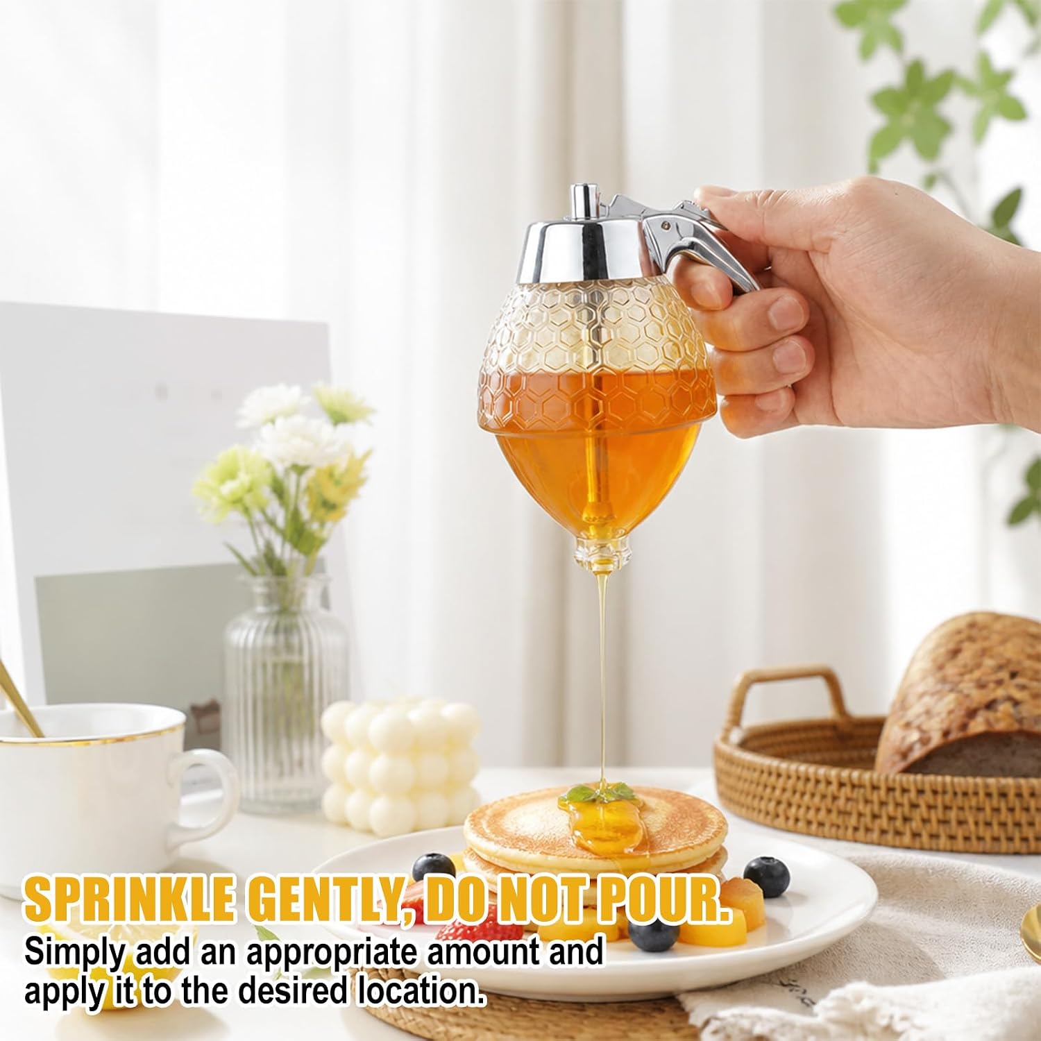 8oz Honey Dispenser No Drip, Plastic PS Honey Dispenser with Stand Press Design Clear Syrup Pot for Coffee Bar Breakfast Table & Picnic