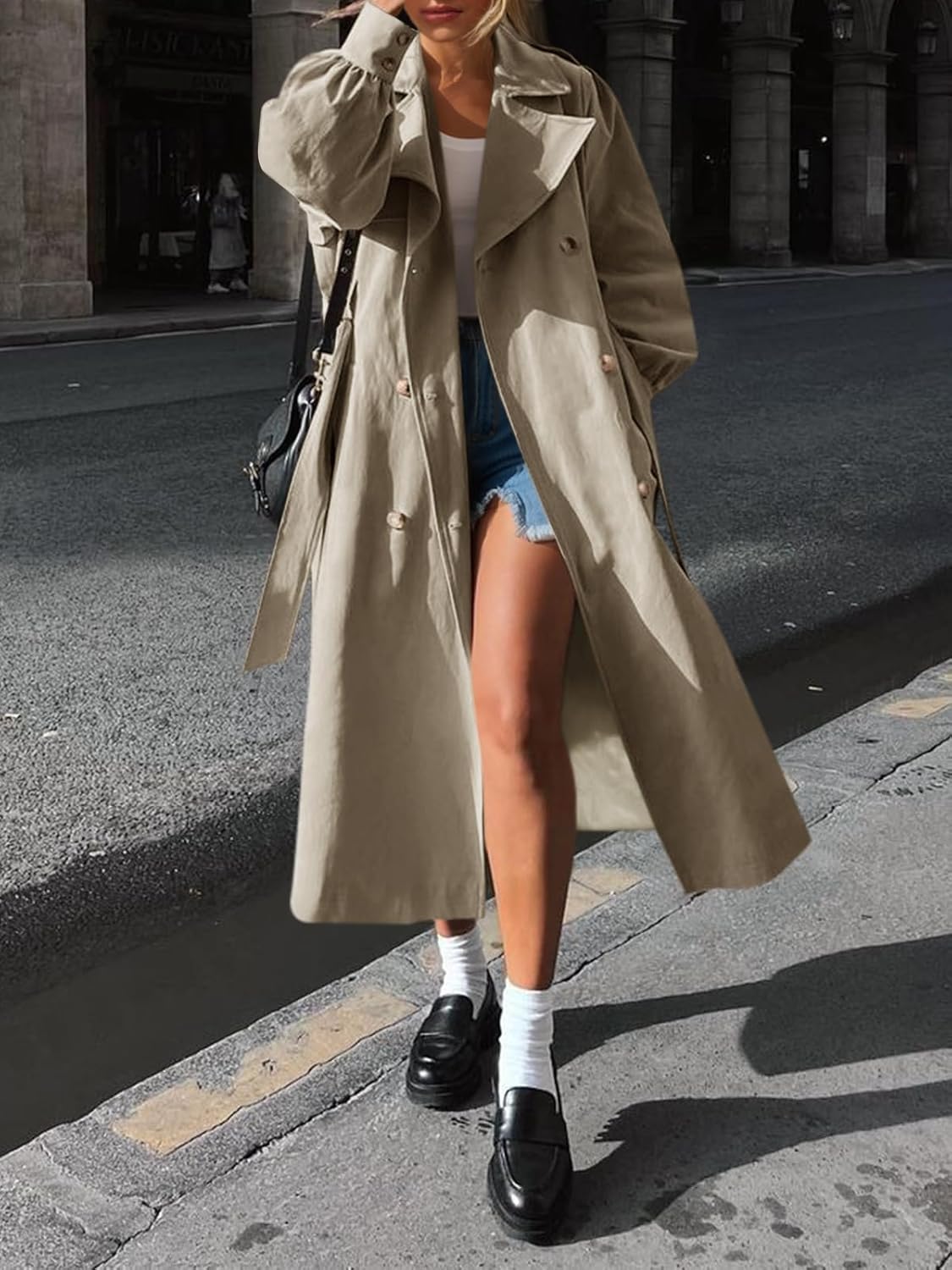 Tankaneo Womens Long Trench Coat Fall Fashion Oversized Double Breasted Lapel Overcoat Outerwear with Belt - Image 3