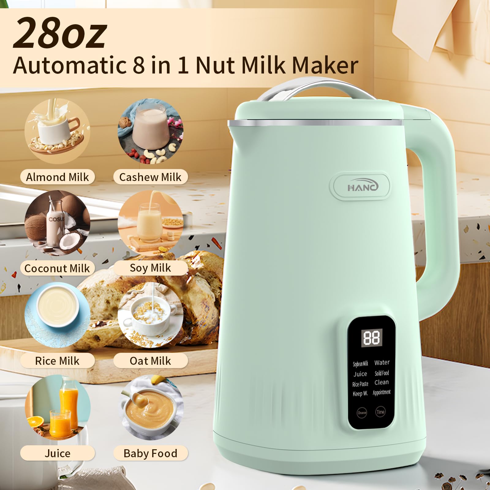 HANC Automatic 8-in-1 Nut Milk Maker Machine, 28oz Quiet Operation Soy Milk Maker, Homemade Almond, Coconut, Juice & Soup, Delay Start/Keep Warm/Self-Cleaning/Boil Water (Cyan)
