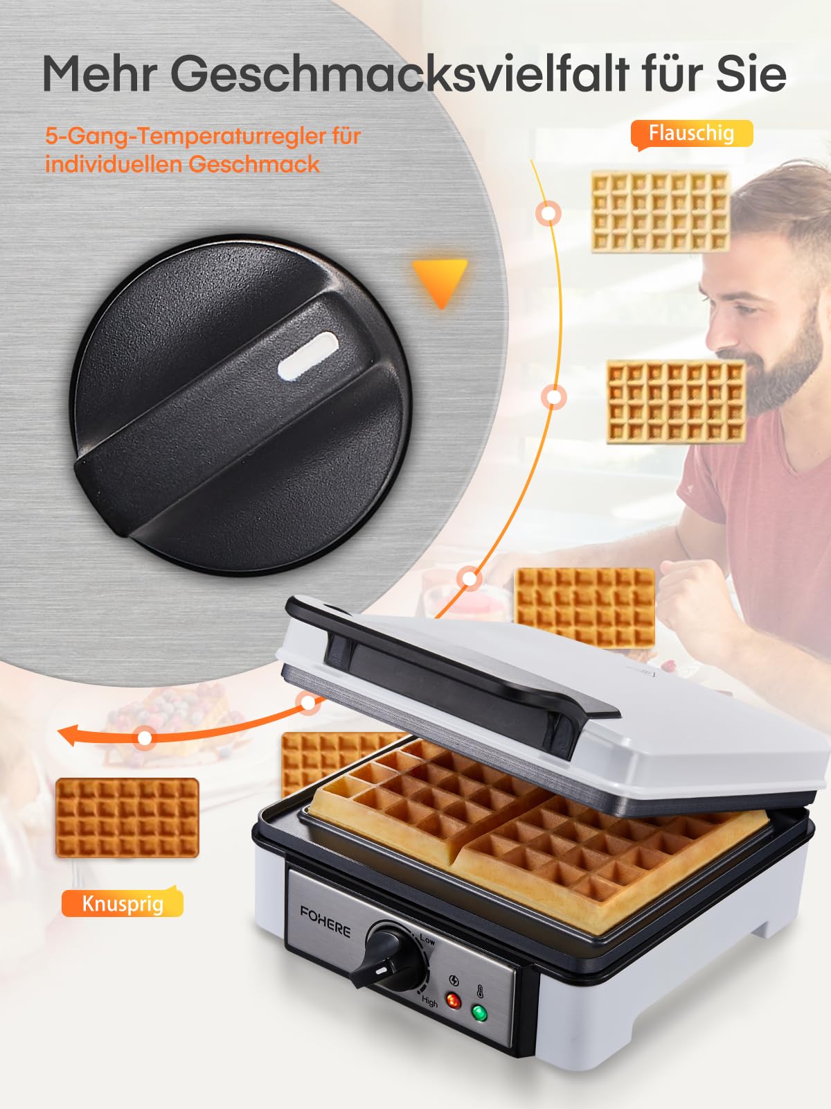 FOHERE 4-Scheiben Waffeleisen 1200W - Belgisches Waffeleisen Mit Bräunungsregler