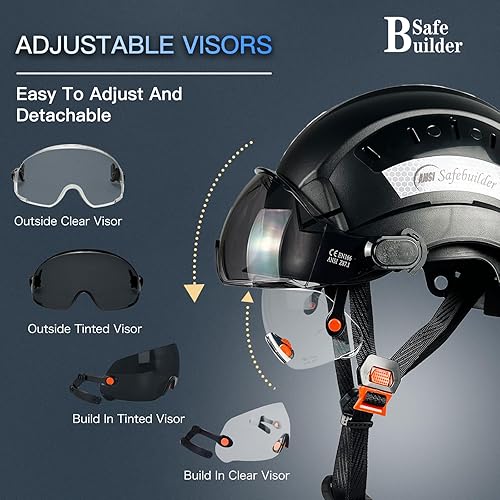 Vista 15 de Casco de seguridad para construcción con visera incorporada, casco duro ABS con visera ajustable, protección para la cabeza de trabajo ANSI/ISEA