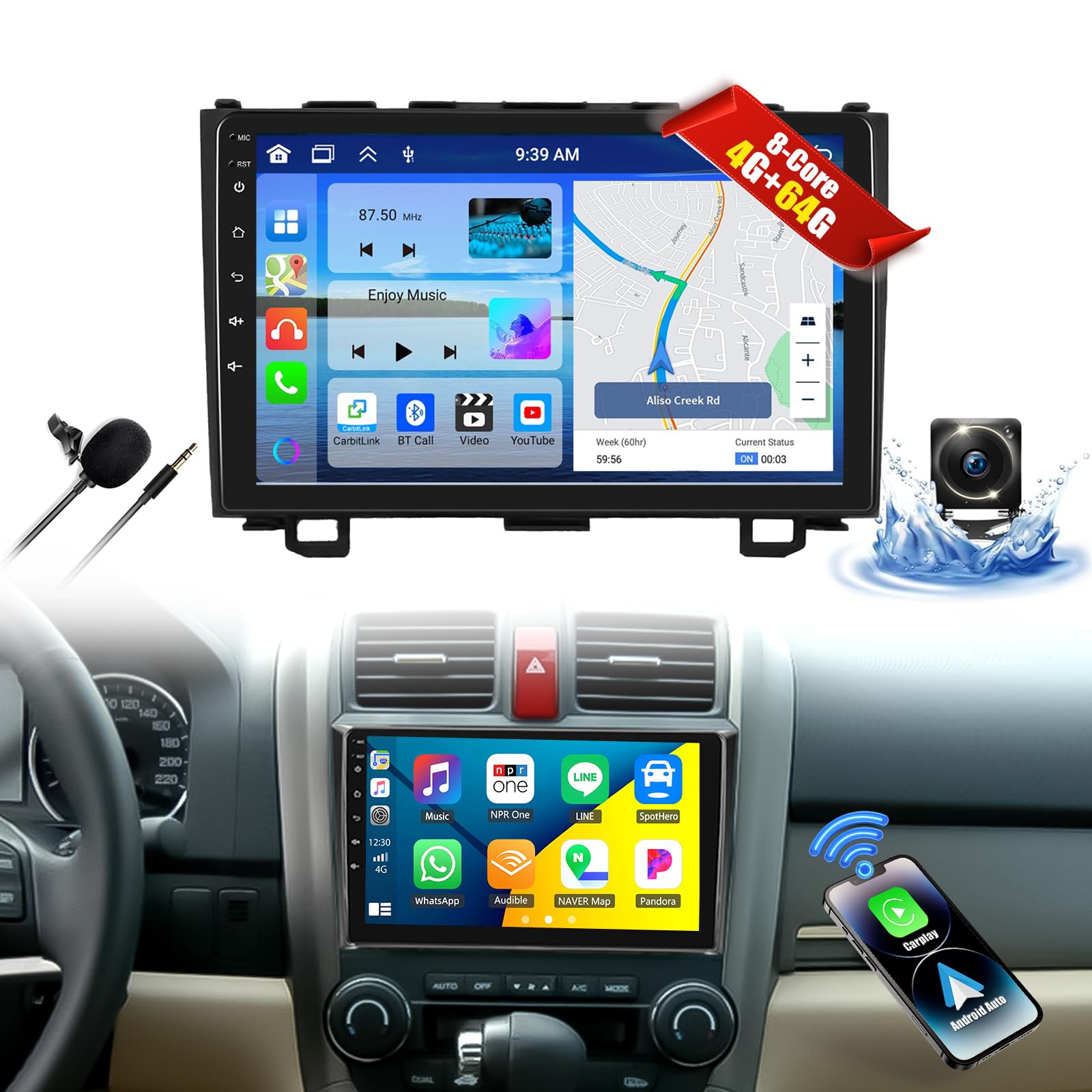 8-Core 4G+64G Android 13 Car Stereo for Honda CRV 2007-2011 with Wireless Carplay Android Auto 9" IPS Touchscreen Bluetooth Car Radio with DSP WiFi GPS Navigation Bluetooth 5.0 AHD Backup Camera