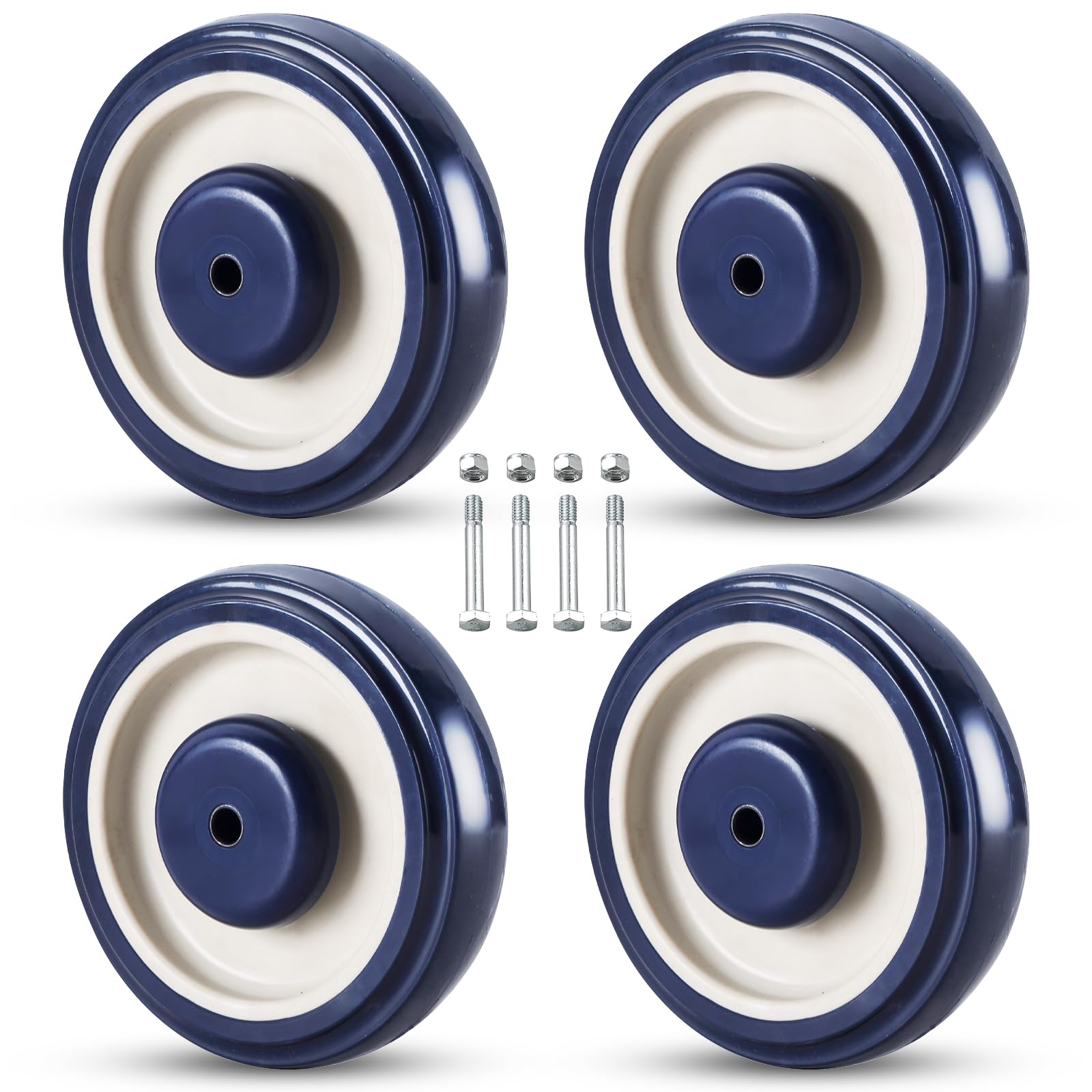 FLKQC 4 Pack Shopping Cart Replacement Wheels Kit 5-inch Diameter Wheels with Axles Bolt, Polyurethane Stepped and Full Tread Face w/Double Ball